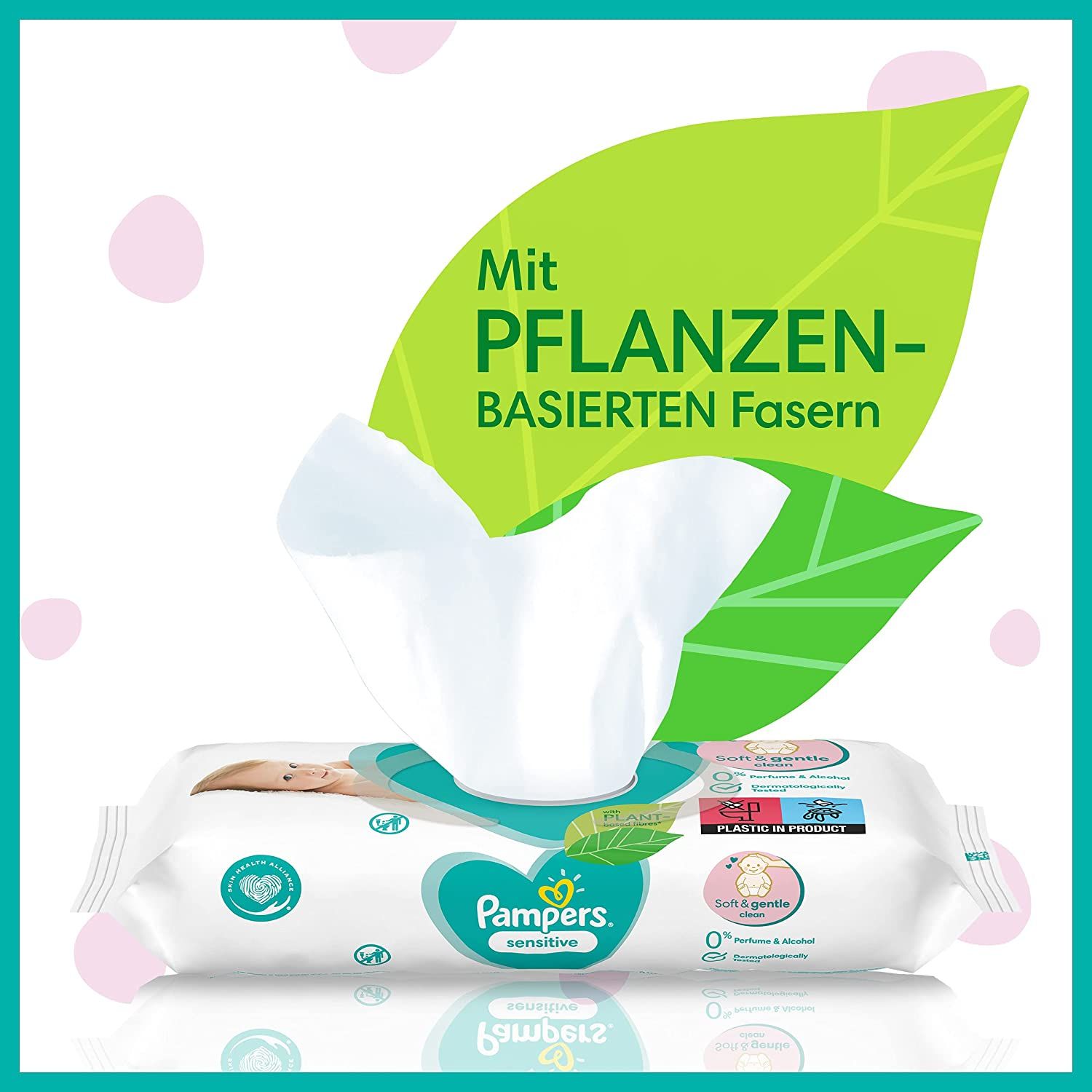 Paquet de lingettes avec texte : Avec fibres végétales. Logo, nom du produit, 0% parfum et alcool.
