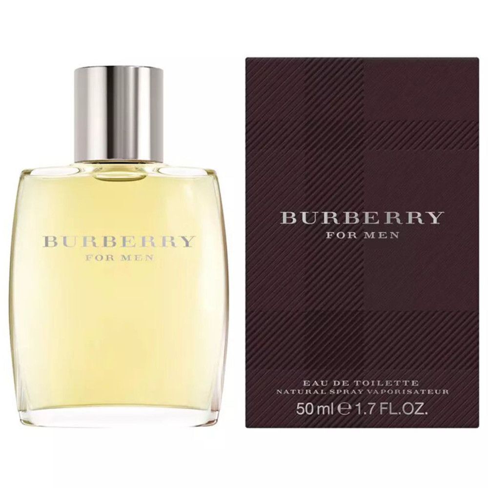 Flacon Burberry for Men Eau de Toilette et emballage. Flacon rectangulaire avec bouchon argenté. Emballage marron à motif à carreaux.