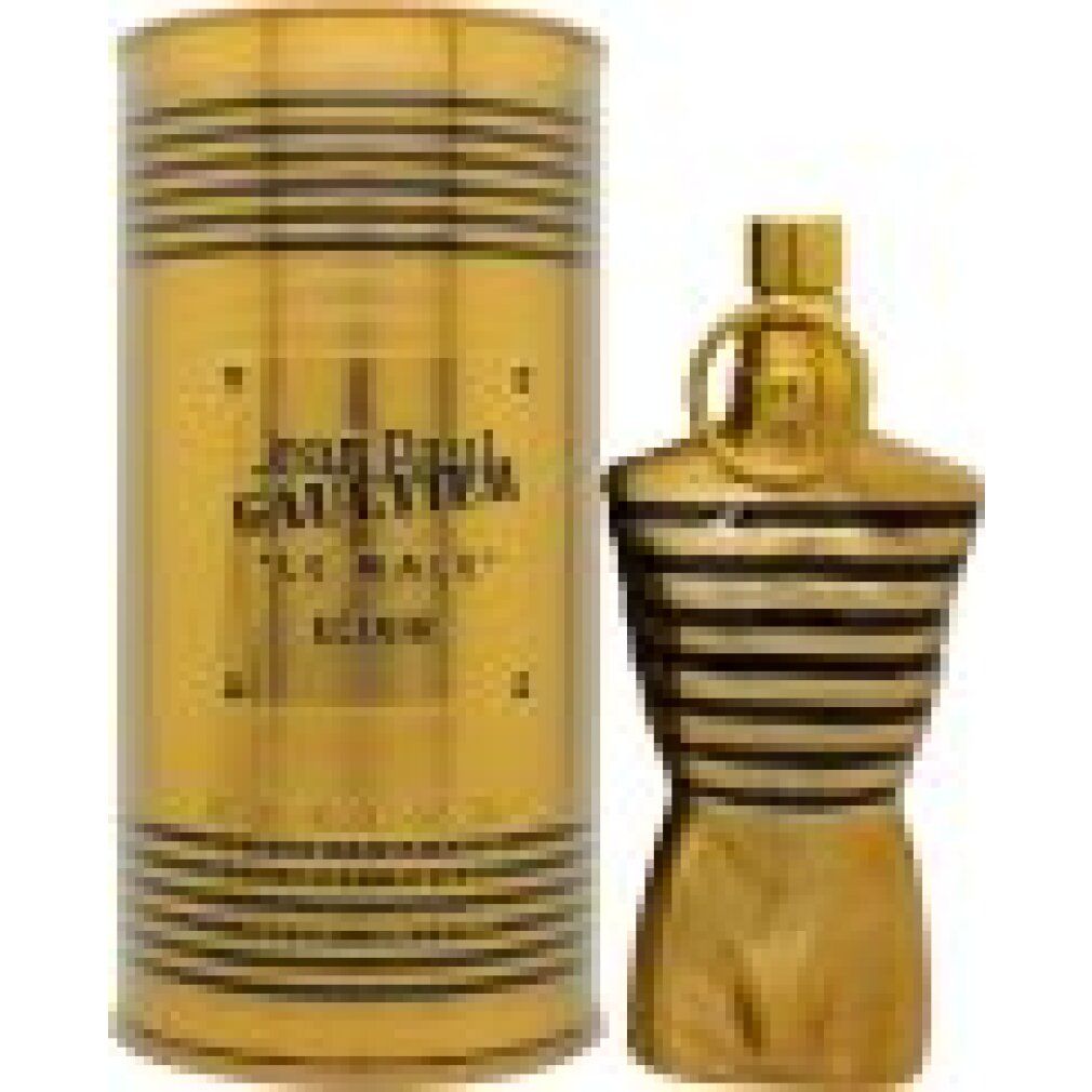 Gouden torso-vormige fles naast gouden doos. "Jean Paul Gaultier LE MALE ELIXIR" op de doos.