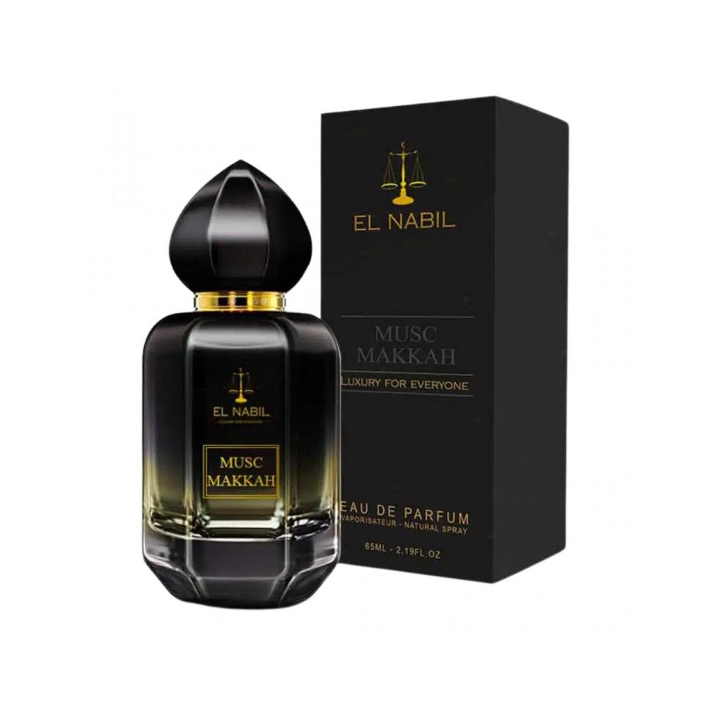 Flacon noir avec bouchon doré et étiquette. Emballage noir avec logo et texte. "El Nabil Musc Makkah Eau de Parfum".