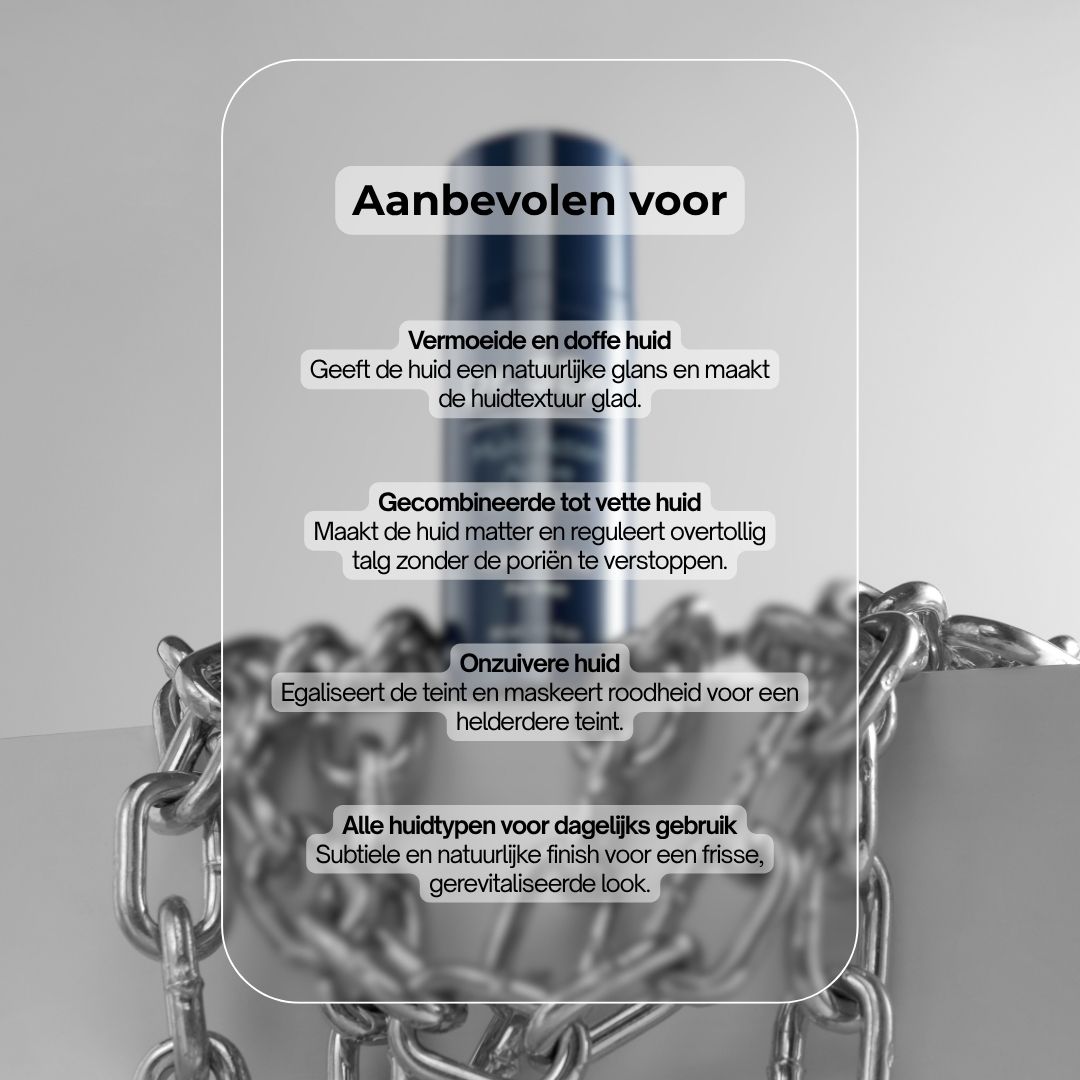 Blauwe fles met Dr. SEA Multi-Action BB-Crème voor mannen. Tekst: Zonder parabenen, sulfaten, formaldehyde, minerale oliën.