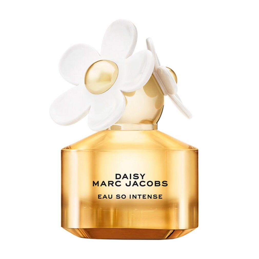 Parfumfles met gele vloeistof, witte bloem op de dop. Opschrift: Daisy Marc Jacobs Eau So Intense.