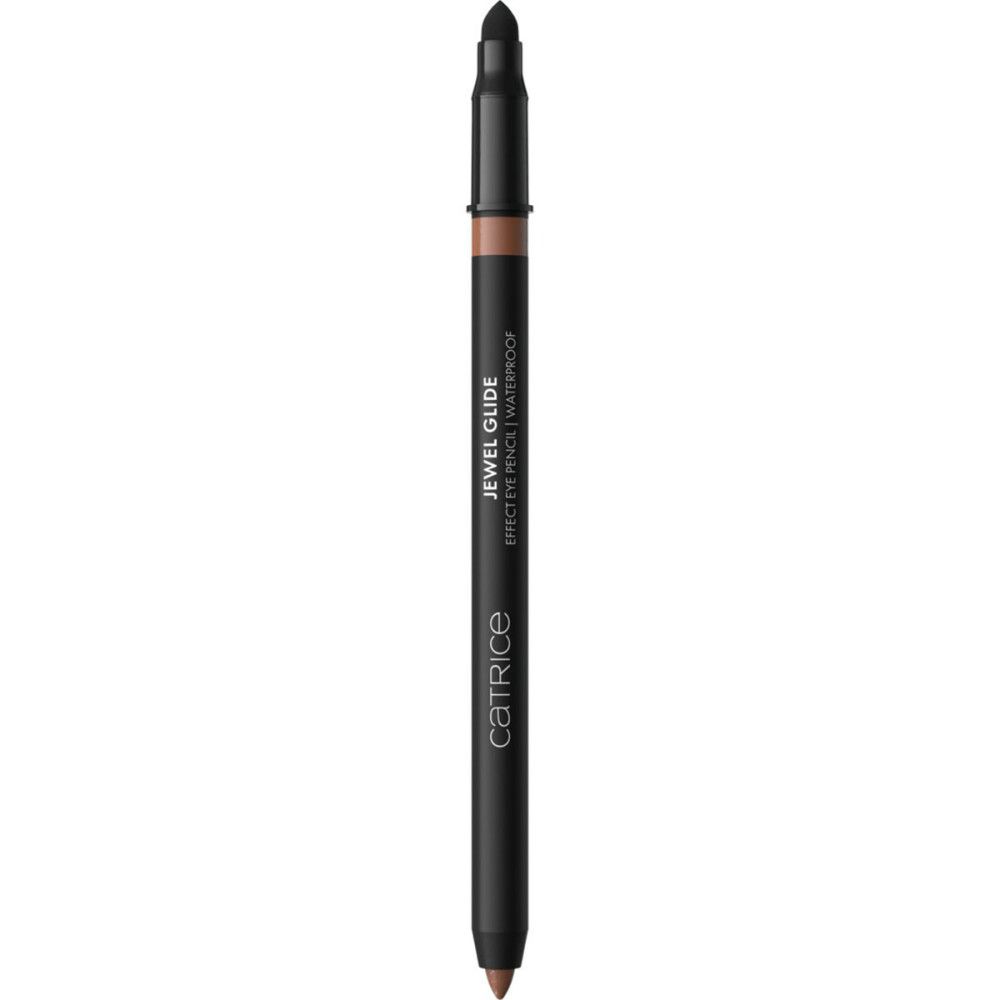 Crayon pour les yeux noir avec mine et capuchon marron. Inscription: JEWEL GLIDE EFFECT EYE PENCIL | WATERPROOF. Marque: Catrice.