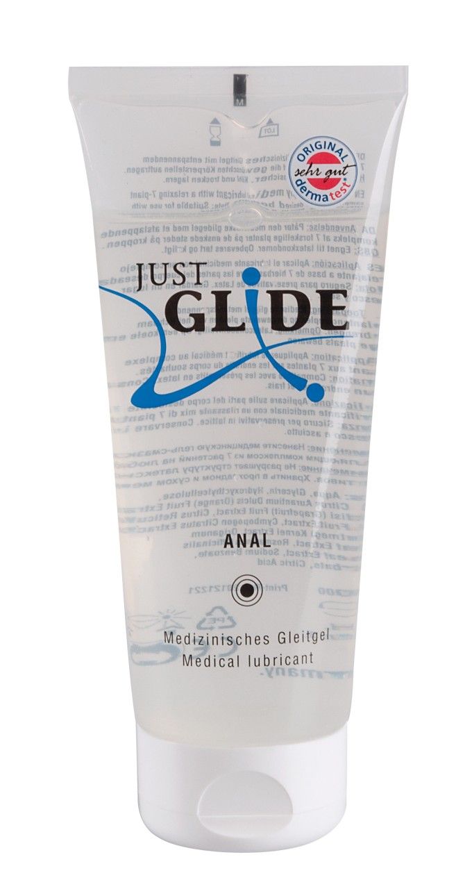 Transparante gel in tube. Opschrift: JUST GLIDE ANAL. Medische glijmiddel. Met dermatest-zegel.