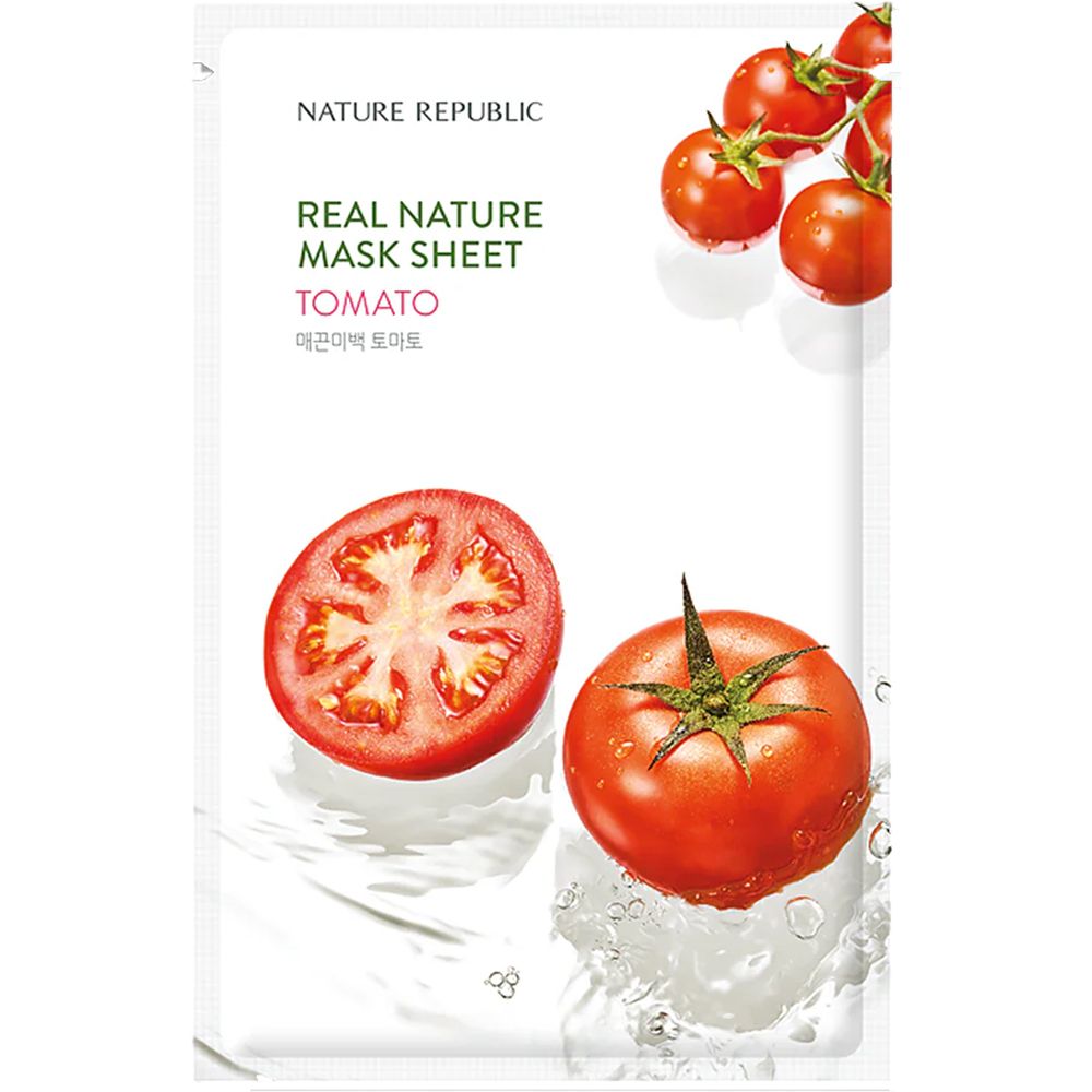 Emballage avec illustrations de tomates. Texte: NATURE REPUBLIC, REAL NATURE MASK SHEET, TOMATO. Tranche et tomate entière.