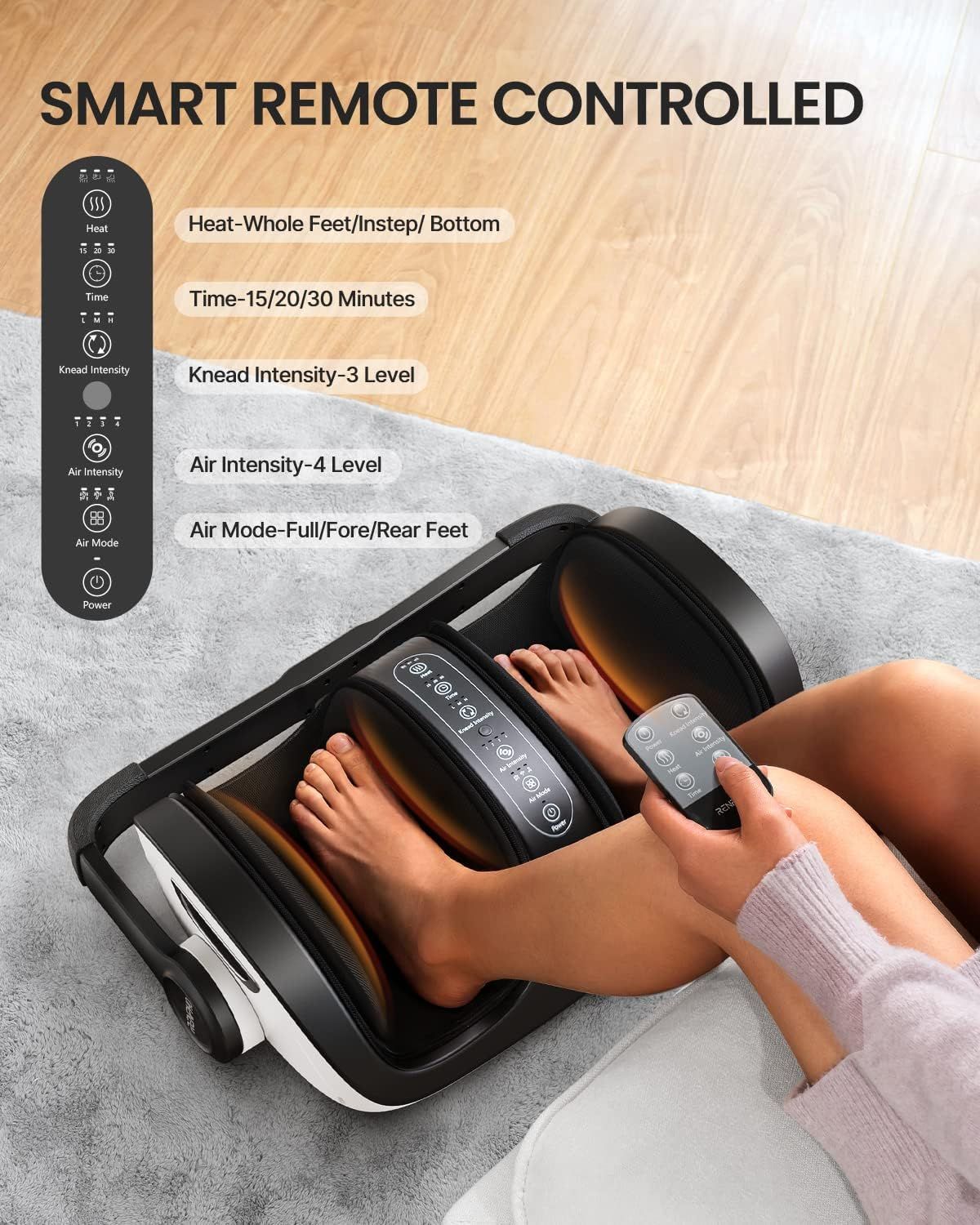 Voetmassageapparaat met afstandsbediening en bedieningspaneel voor warmte, tijd, intensiteit en luchtmodus.