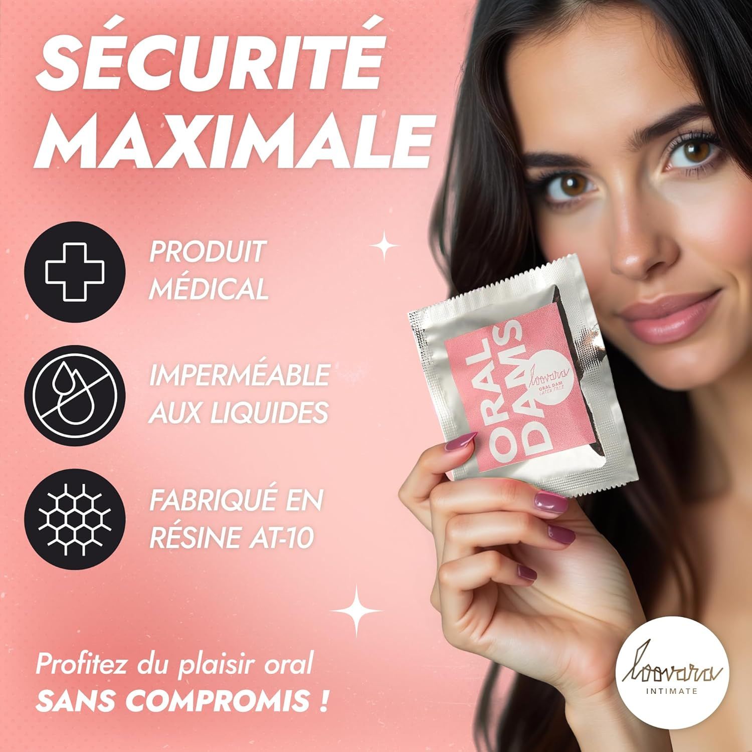 Femme tenant un oral dam sans latex. Produit médical, résine AT-10.