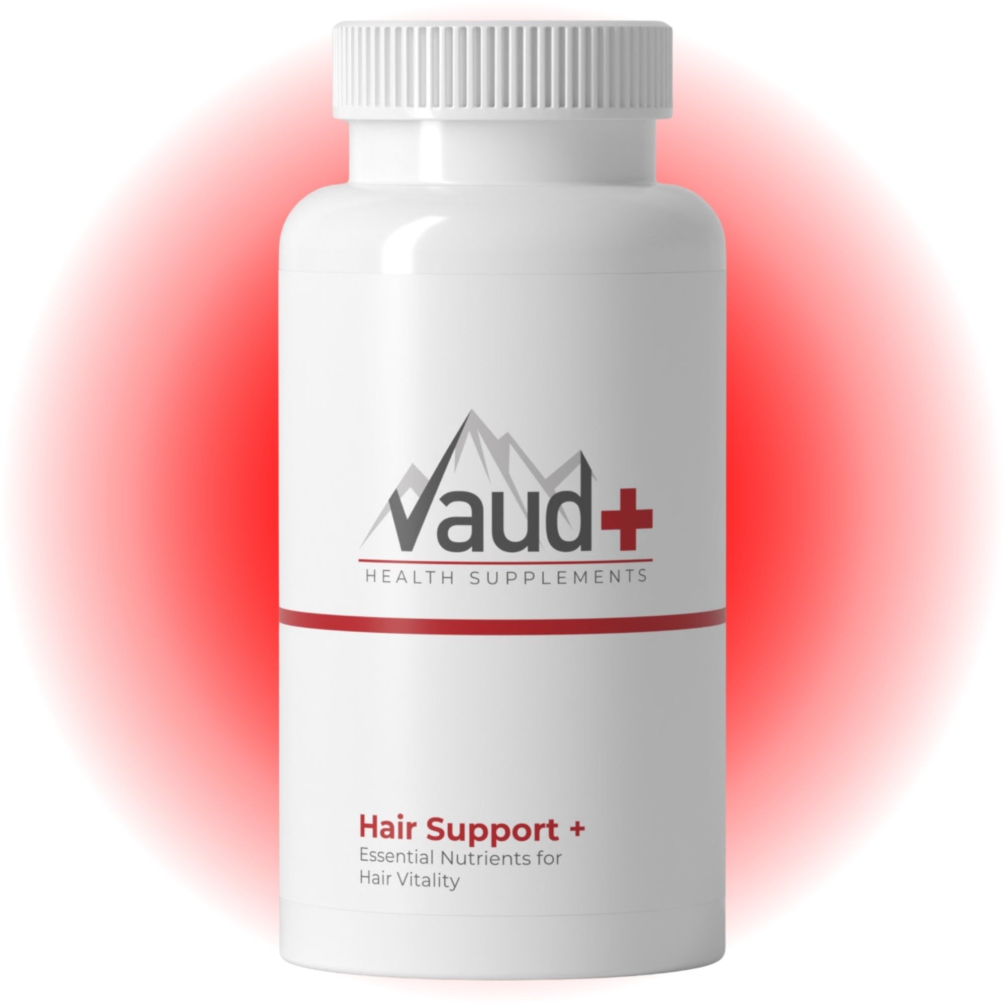 Flacon blanc avec étiquette rouge. Inscription : Vaud+ Health Supplements. Nom du produit : Hair Support+. Contient des nutriments essentiels.