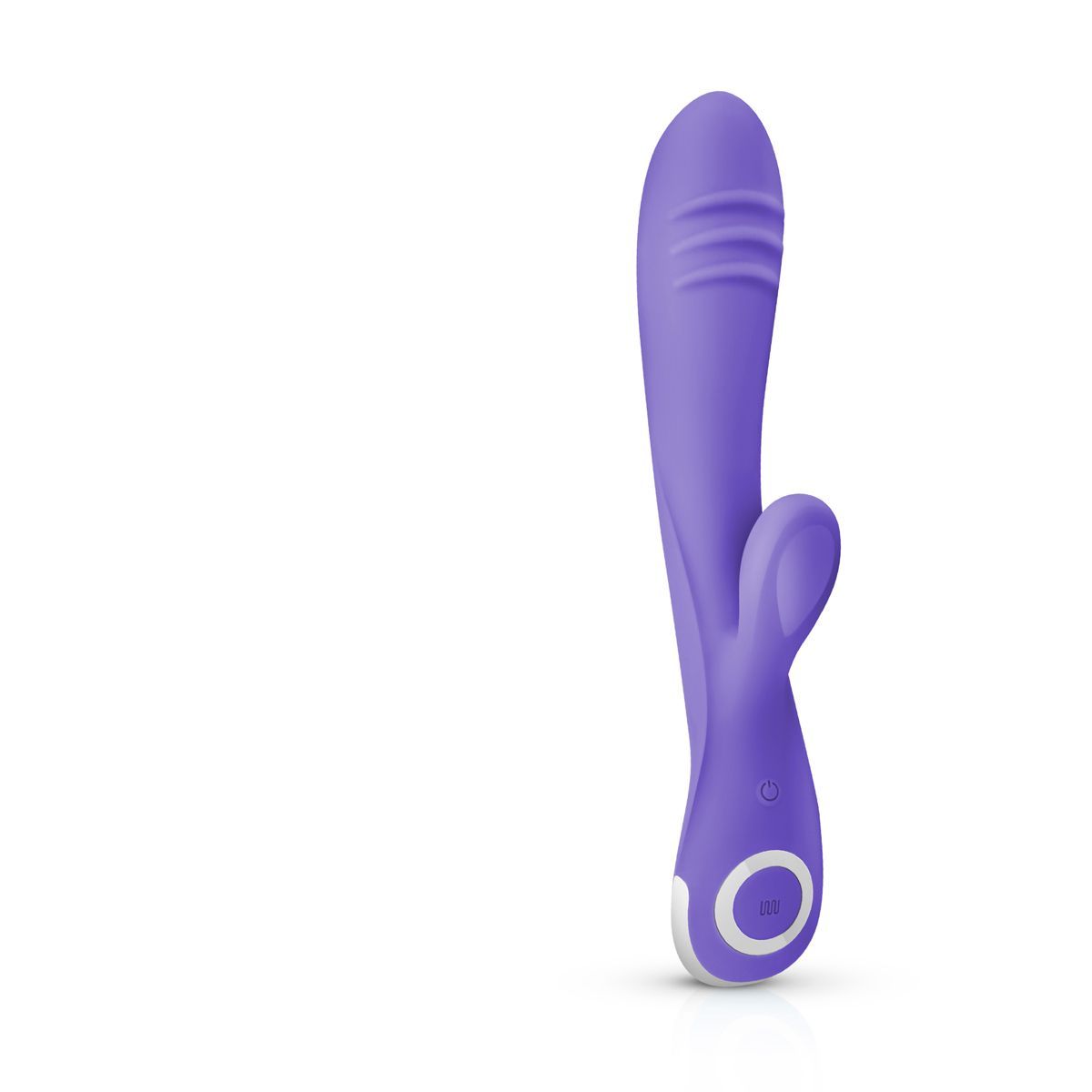 Paarse vibrator met afgeronde punt en twee vleugels. Drie horizontale groeven op de steel. Witte basis met knoppen.