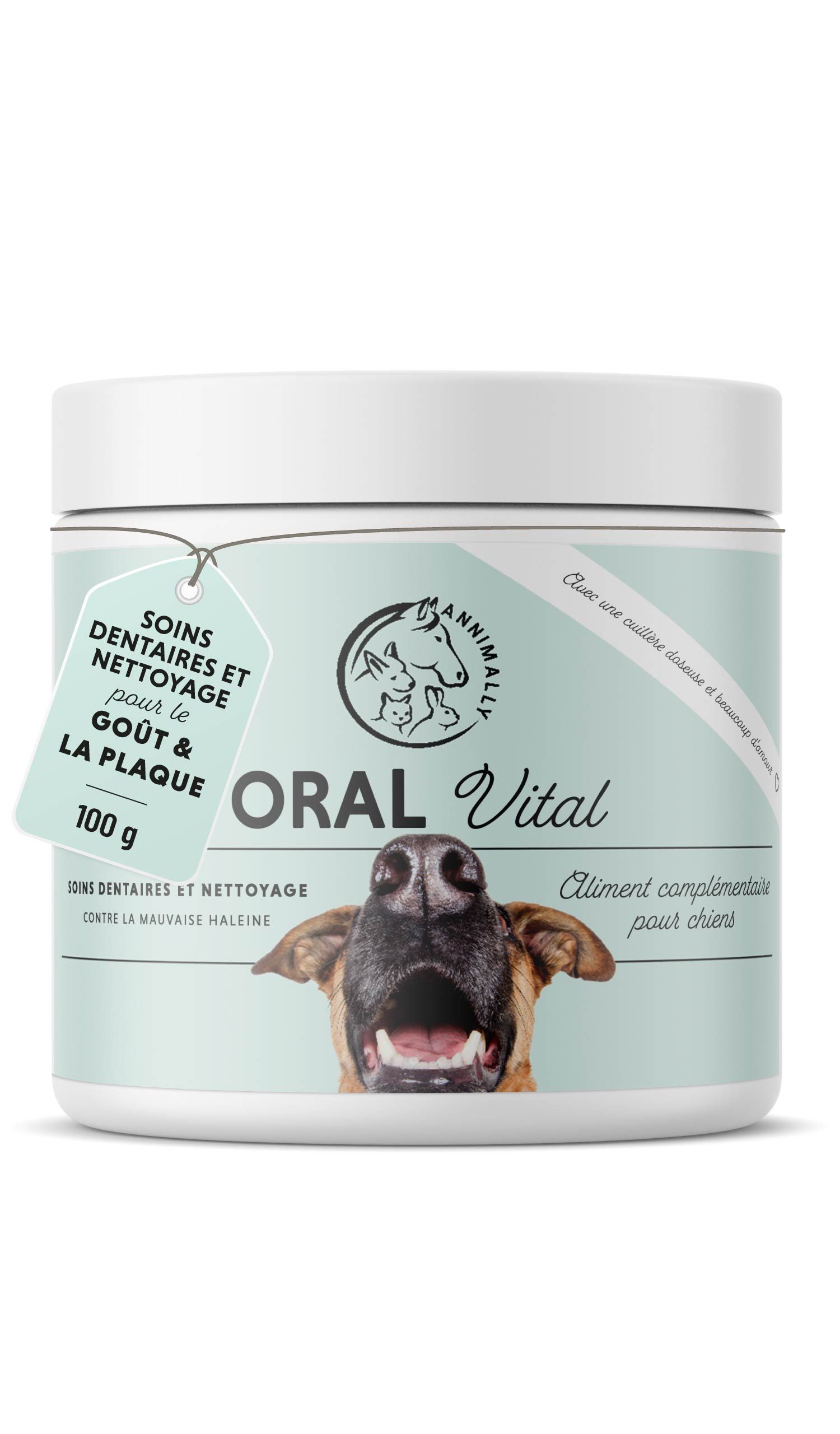 Pot blanc avec texte. Inscription: ORAL Vital. Étiquette avec texte. Chien avec gueule ouverte.