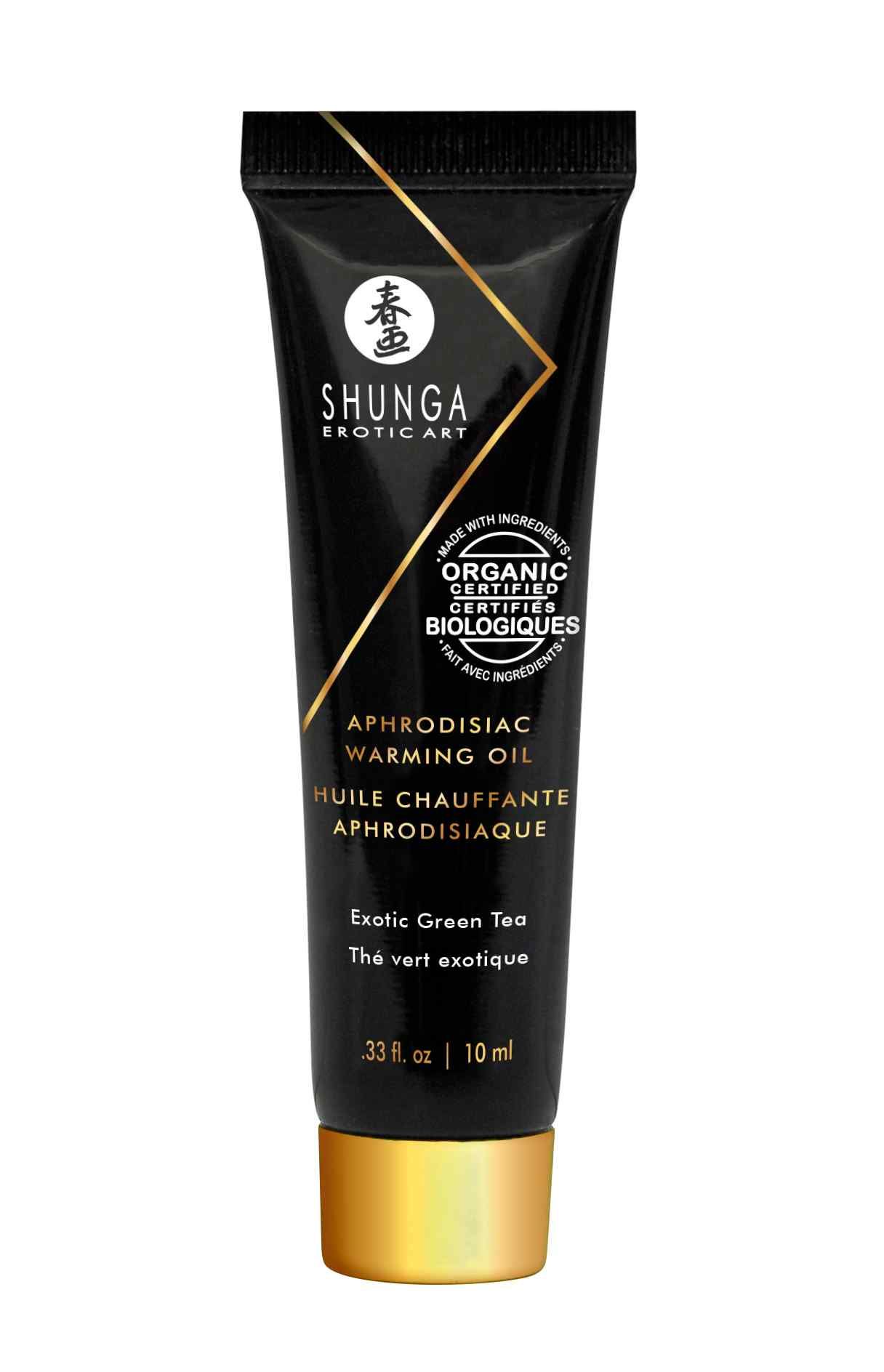 Zwarte tube met gouden dop. Tekst: SHUNGA Erotic Art, Aphrodisiac Warming Oil, Organic, 10 ml.