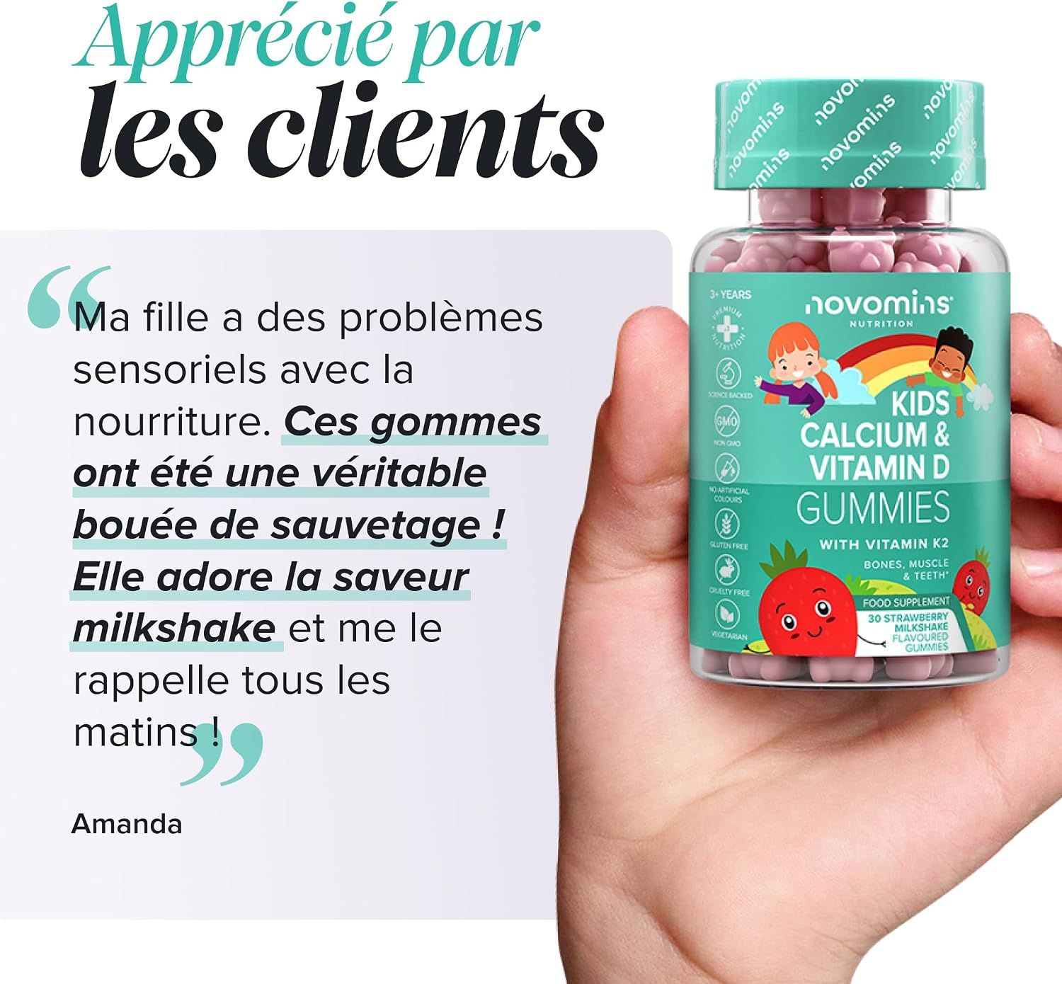 Main tenant une bouteille de gommes Novomins Kids Calcium & Vitamine D. "Apprécié par les clients."