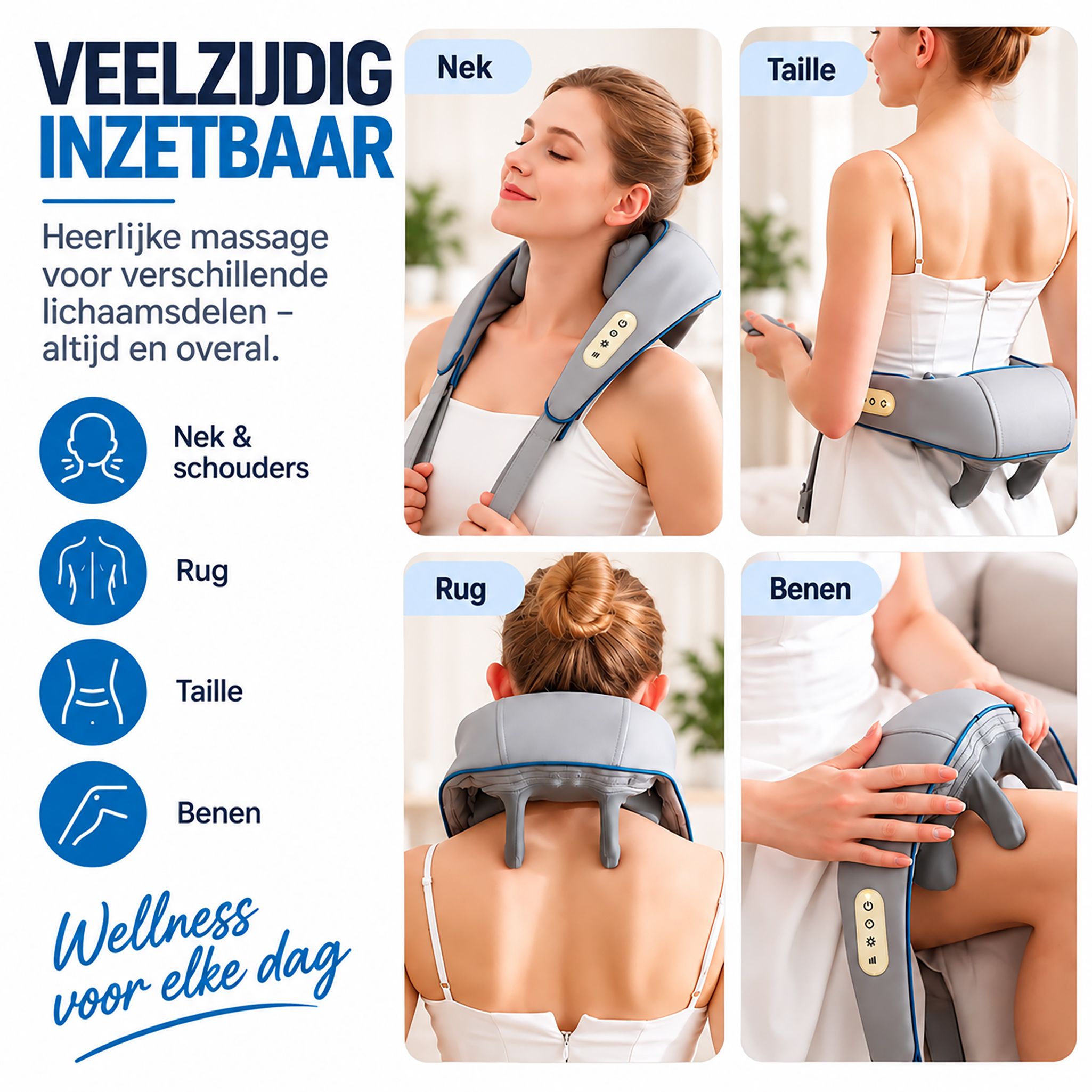 Grijs nekmassageapparaat met warmtefunctie, getoond op nek, schouders, rug, taille en benen.
