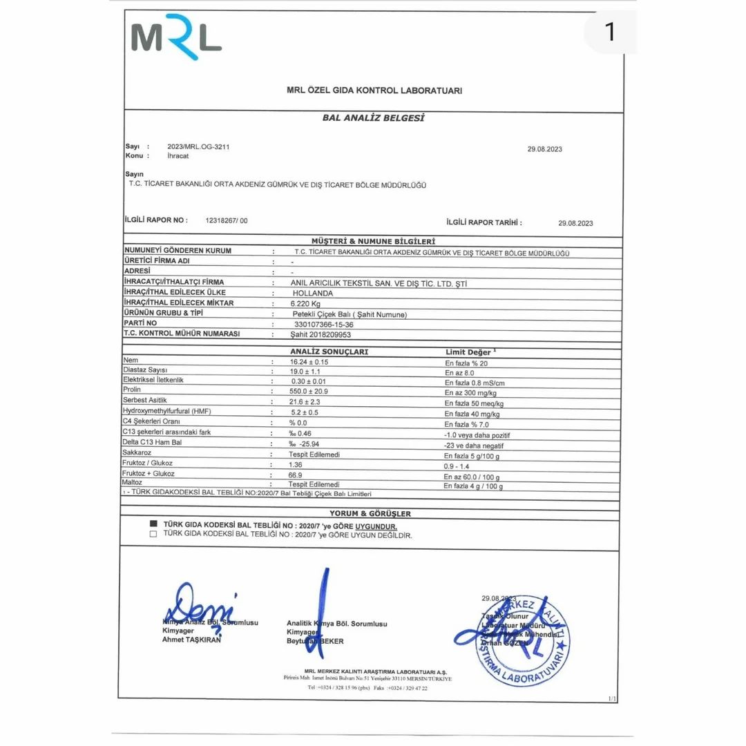 Analysecertificaat. Tekst in het Turks. Handtekeningen en stempels. Tabellarische gegevens.