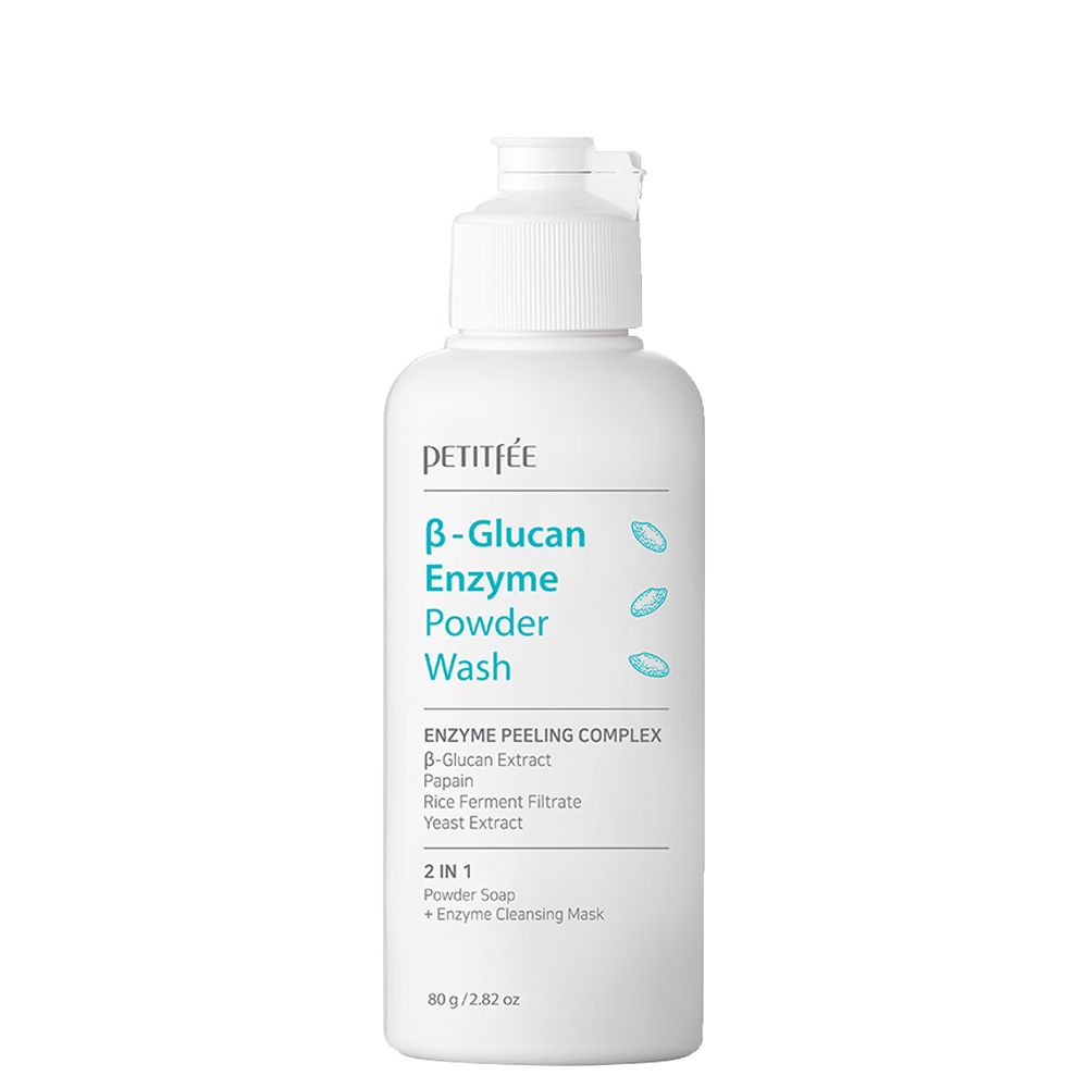 PETITFÉE β-Glucan Enzyme Powder Wash, 80g. Flacon blanc avec inscription turquoise.
