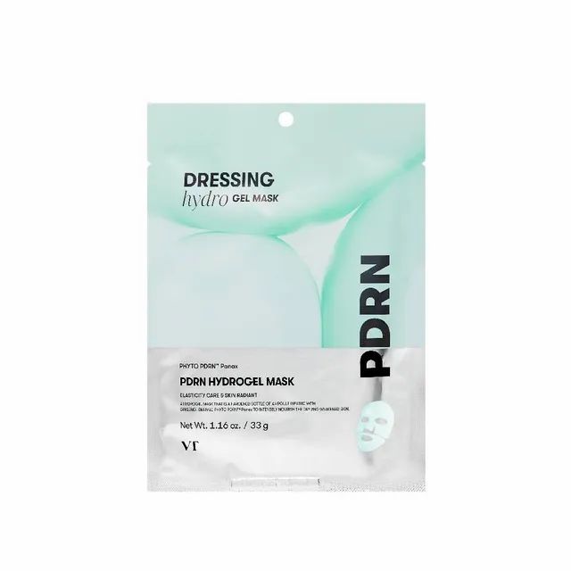 Emballage de masque hydrogel. Inscription: PDRN Hydrogel Mask, VT. Poids net: 33g.