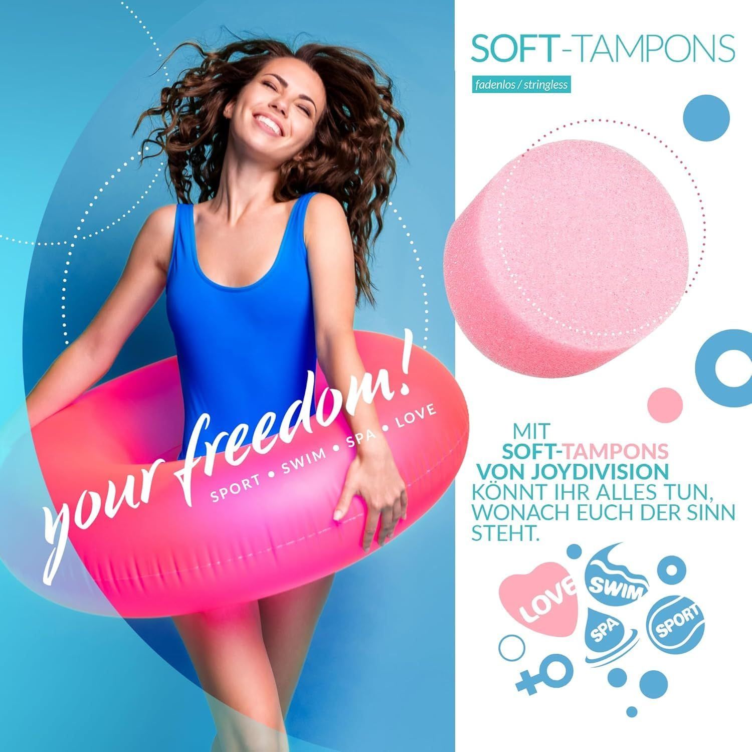 Vrouw in zwemkleding met zwemband. JOYDIVISION Soft Tampon PRO afgebeeld.
