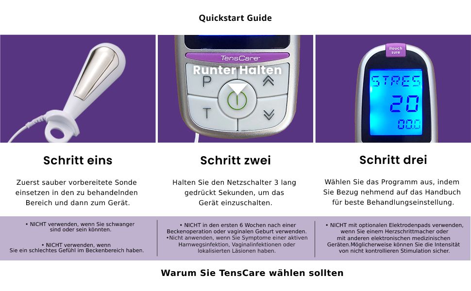 Quickstart gids TensCare iTouch Sure: sonde inbrengen, apparaat inschakelen, programma kiezen.