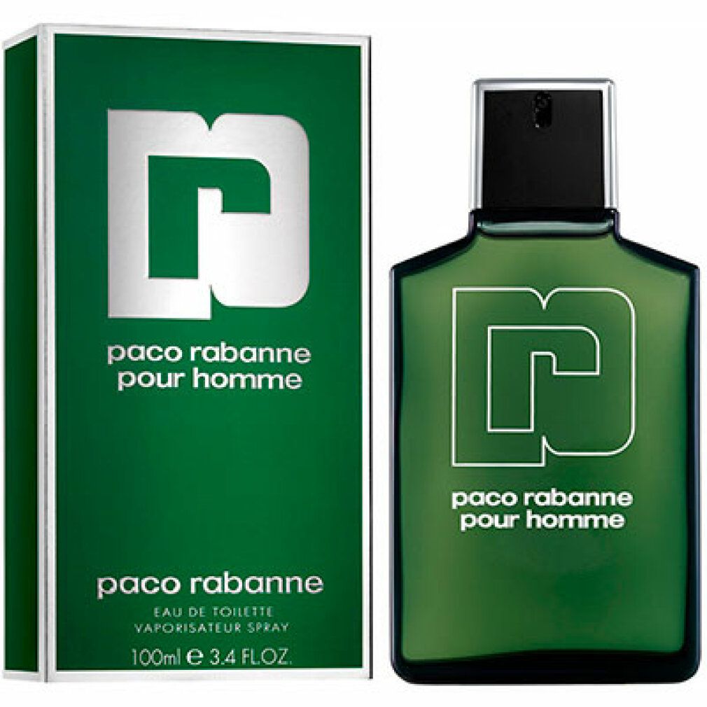 Paco Rabanne Pour Homme Eau de Toilette, flacon et emballage. Vert, angulaire, logo et texte blancs.