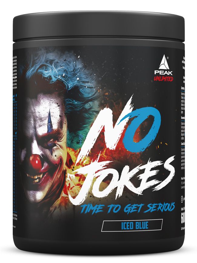 PEAK No Jokes Iced Blue Voedingssupplement in zwarte pot met clown-afbeelding en tekst.