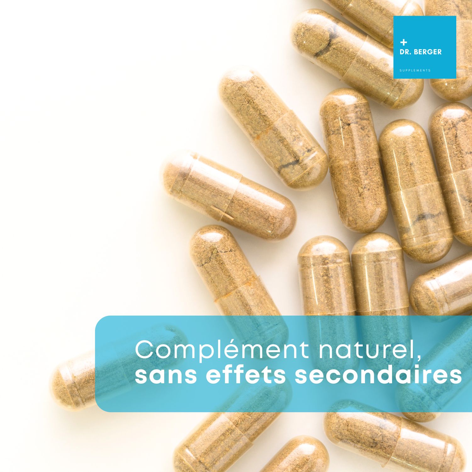 Nombreuses gélules brunes sur fond blanc. Zone bleue avec texte: Complément naturel, sans effets secondaires.