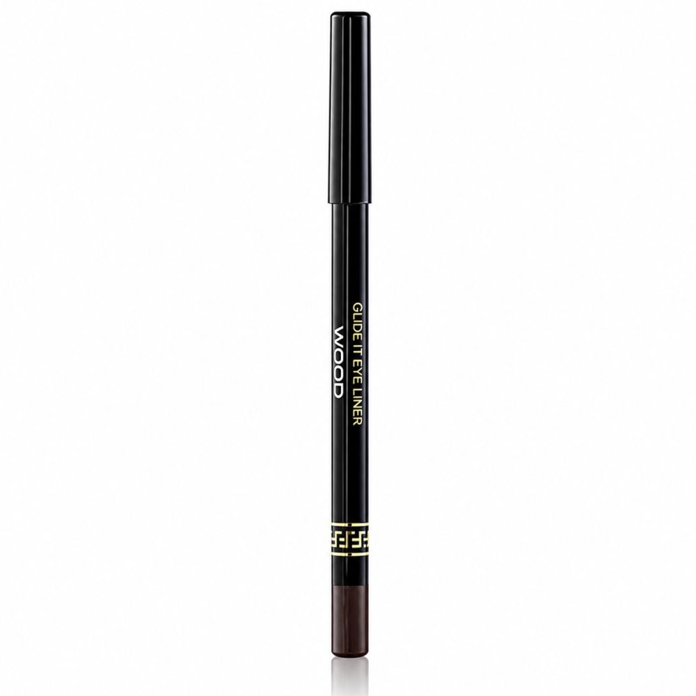 Crayon khôl noir avec pointe marron et détail doré. Texte : GLIDE IT EYE LINER WOOD.