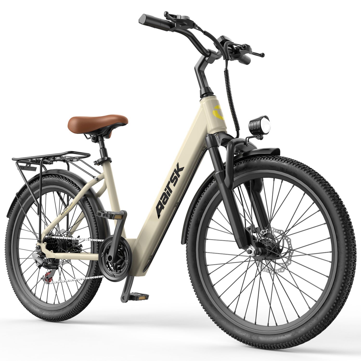 Vélo électrique beige avec cadre noir, selle marron et phare avant. Marque Aairsk.