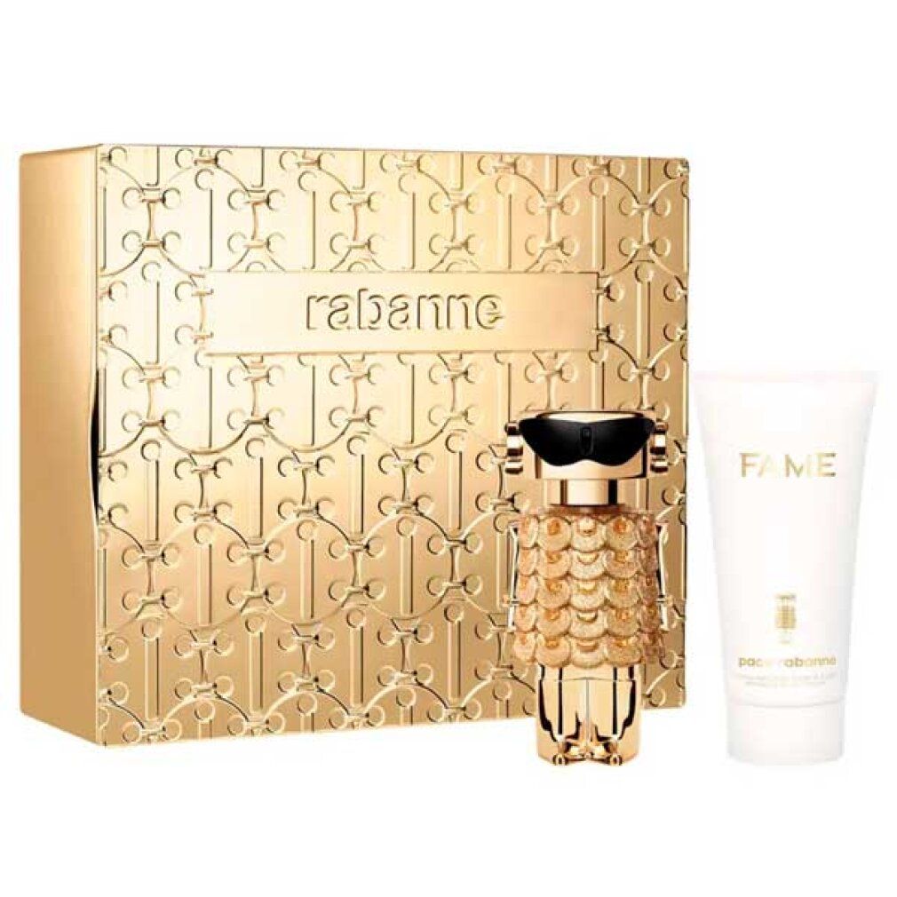 Gouden Rabanne geschenkverpakking met Fame parfumfles en tube. Opschrift "FAME". 