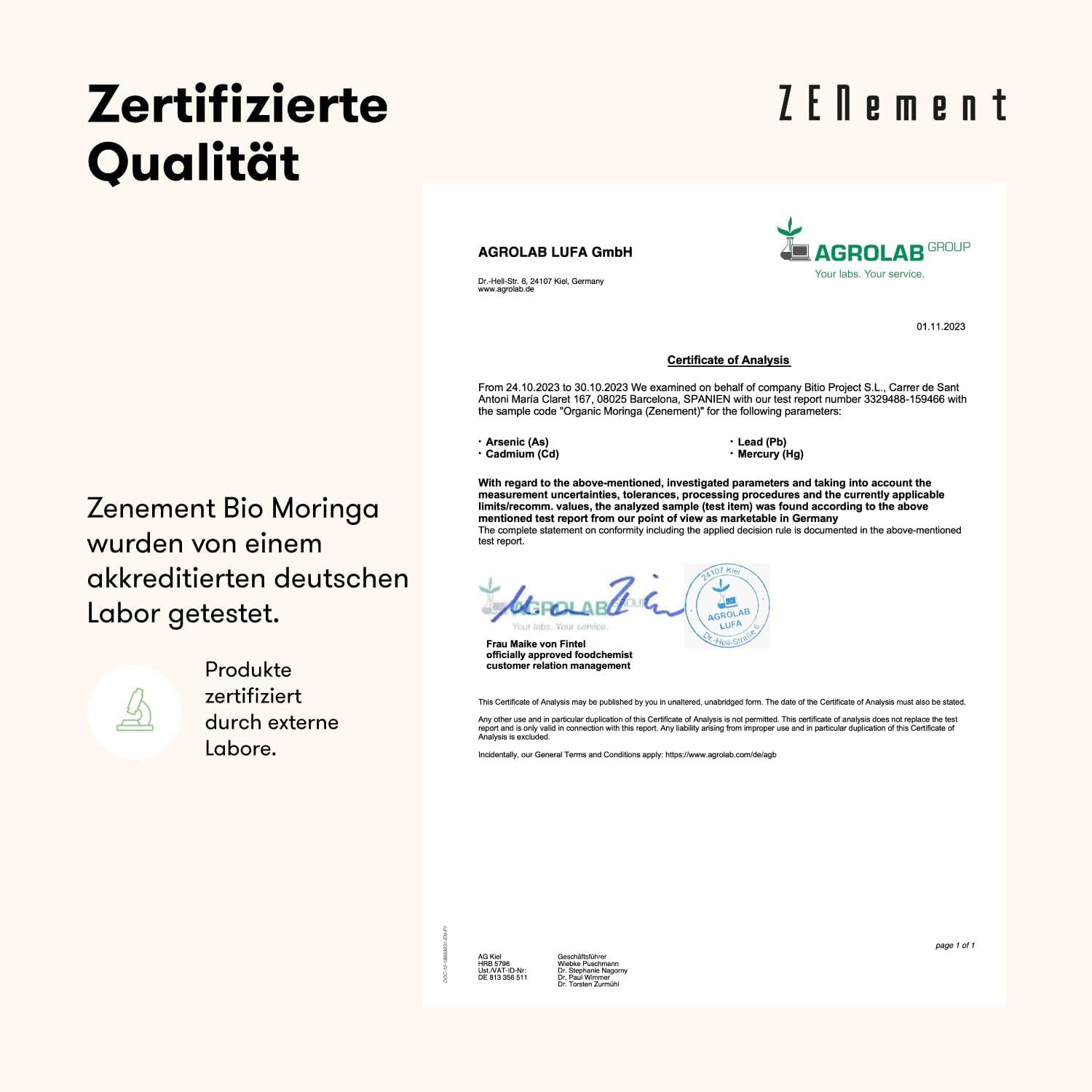 Certificeringsdocument van Agrolab LUFA GmbH. Bevat analyseresultaten voor Zenement Bio Moringa. Producten gecertificeerd door externe laboratoria.