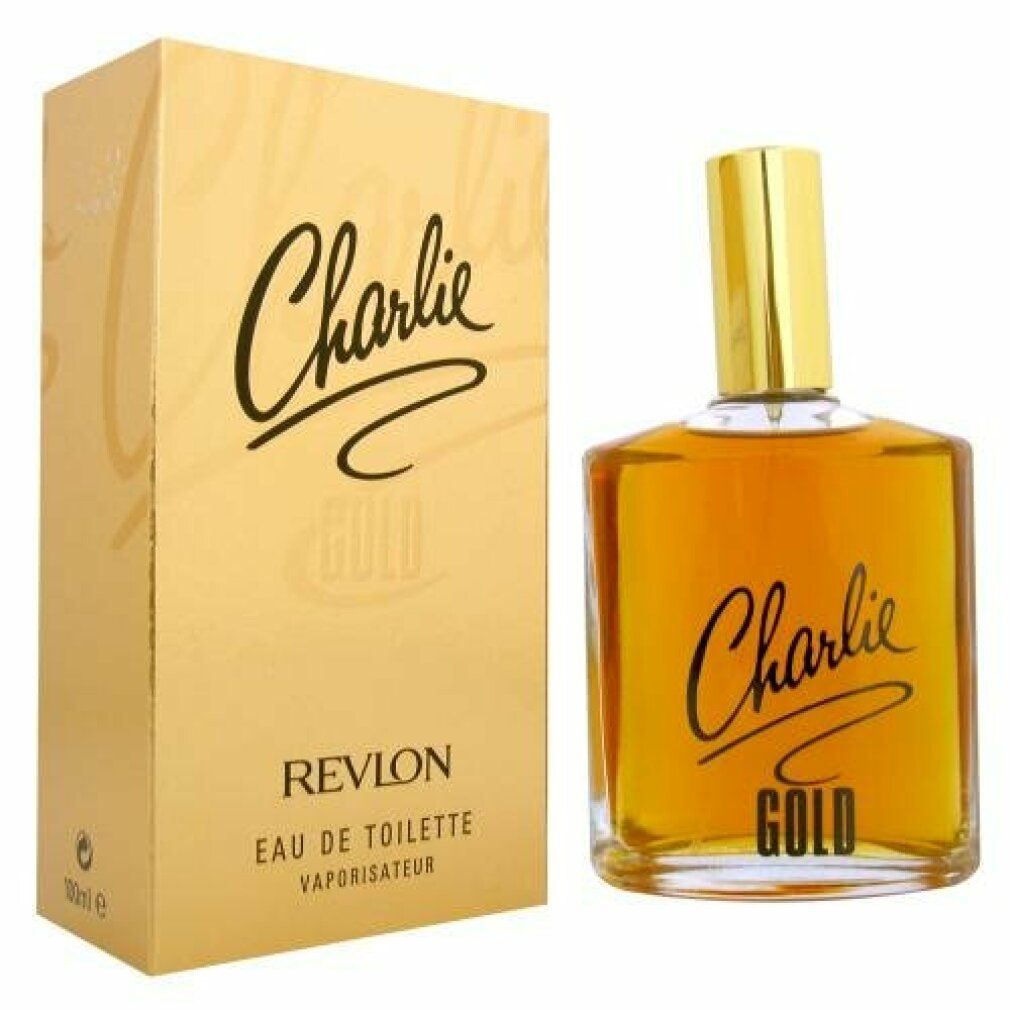 Flacon et boîte dorés. Inscription "Charlie Gold" et "Revlon". Eau de Toilette.