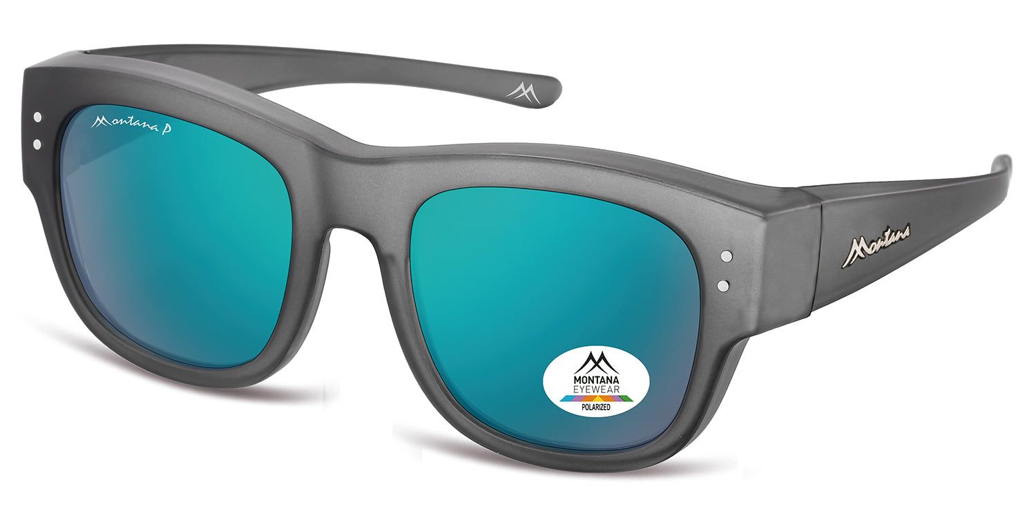 Lunettes de soleil grises avec verres bleus. Logo Montana Eyewear sur la branche. Autocollant polarisé. Vue en biais.