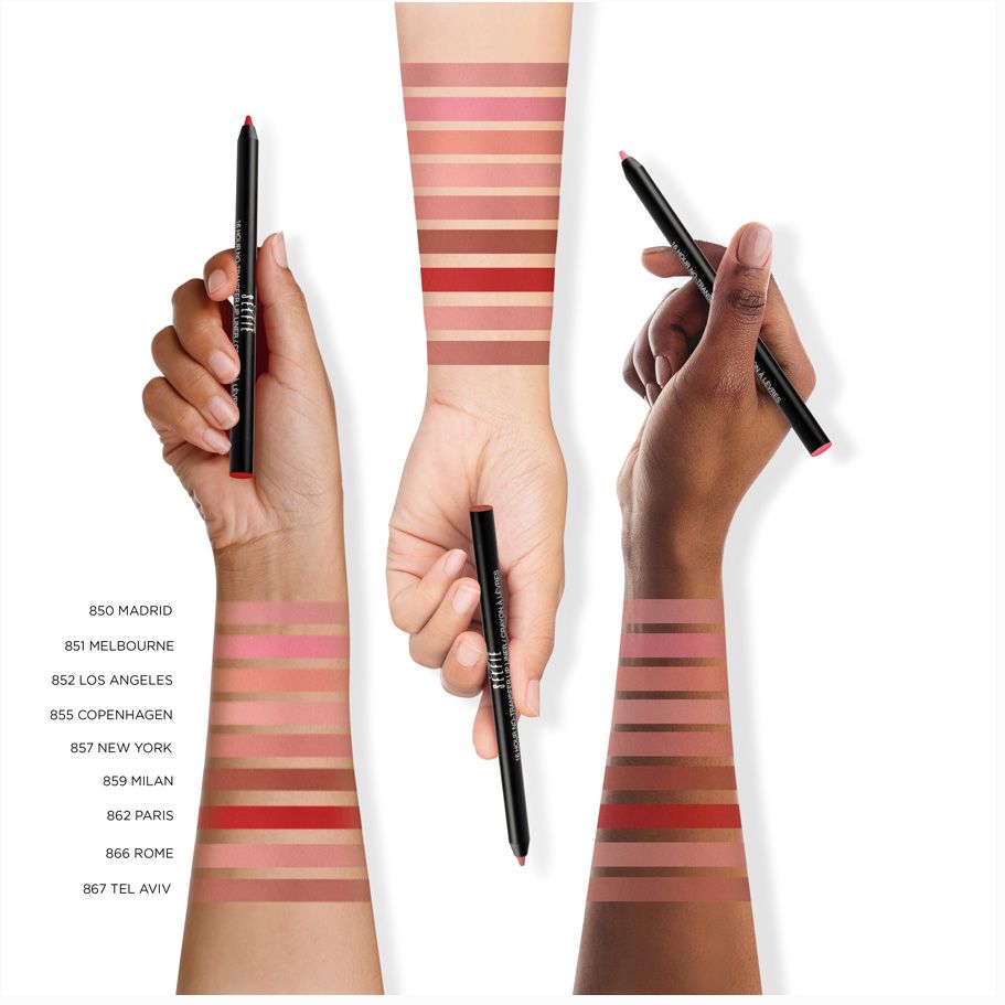 Drie handen houden lipliners vast. Kleurstalen op polsen. Opschrift "SELFIE".