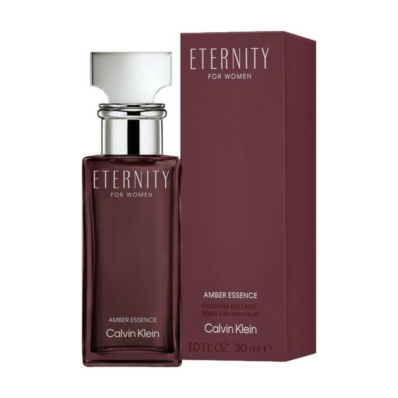 Eternity Amber Essence damesparfum van Calvin Klein. Fles en verpakking. Rechthoekige fles, zilveren dop. Verpakking bordeauxrood.