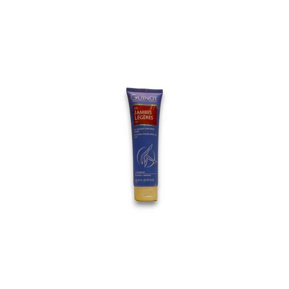Kleine blauwe tube met tekst. Guinot Institut Paris, Gel Jambes Légères. Geelachtige dop.