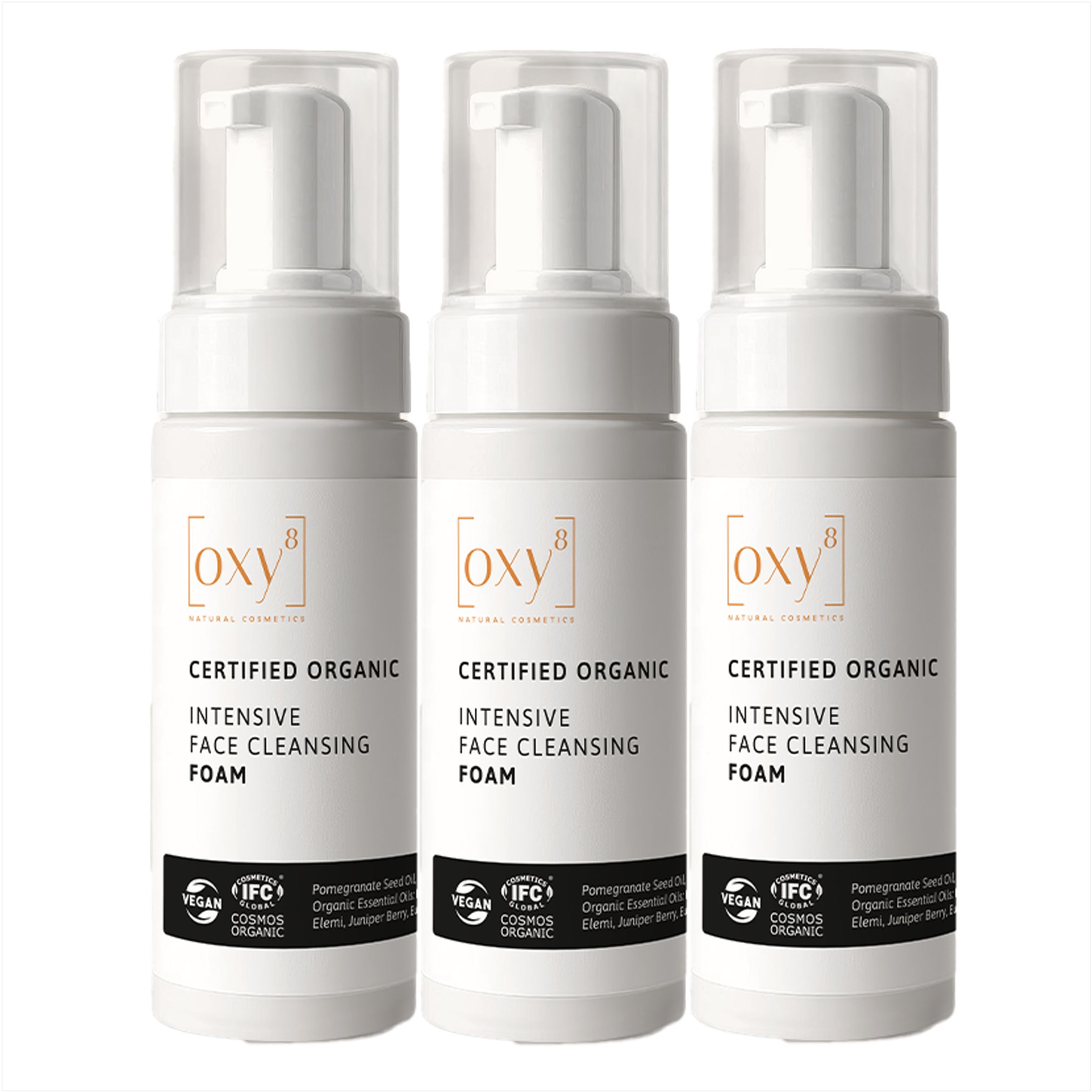 Drie flessen reinigingsschuim. Wit, met pomp. Opschrift: oxy8, Certified Organic, Intensive Face Cleansing Foam.