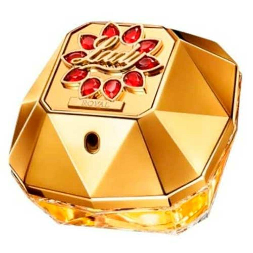 Flacon doré avec pierres rouges et logo "Lady Royal".