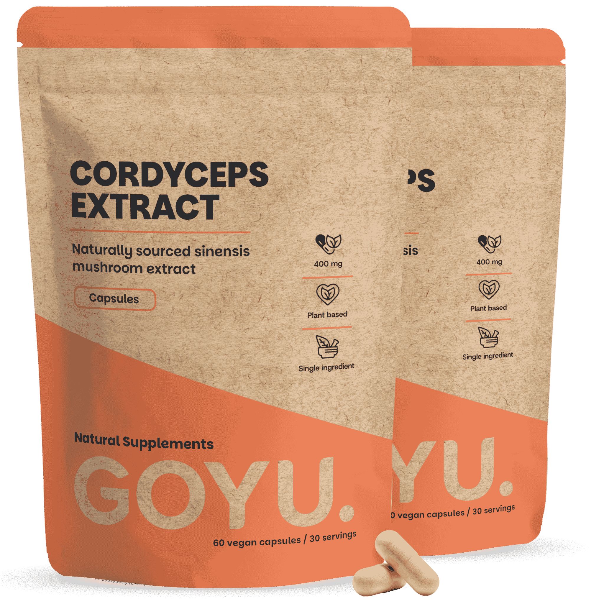 Deux sachets d'extrait de Cordyceps en capsules, 60 gélules végétales par sachet.