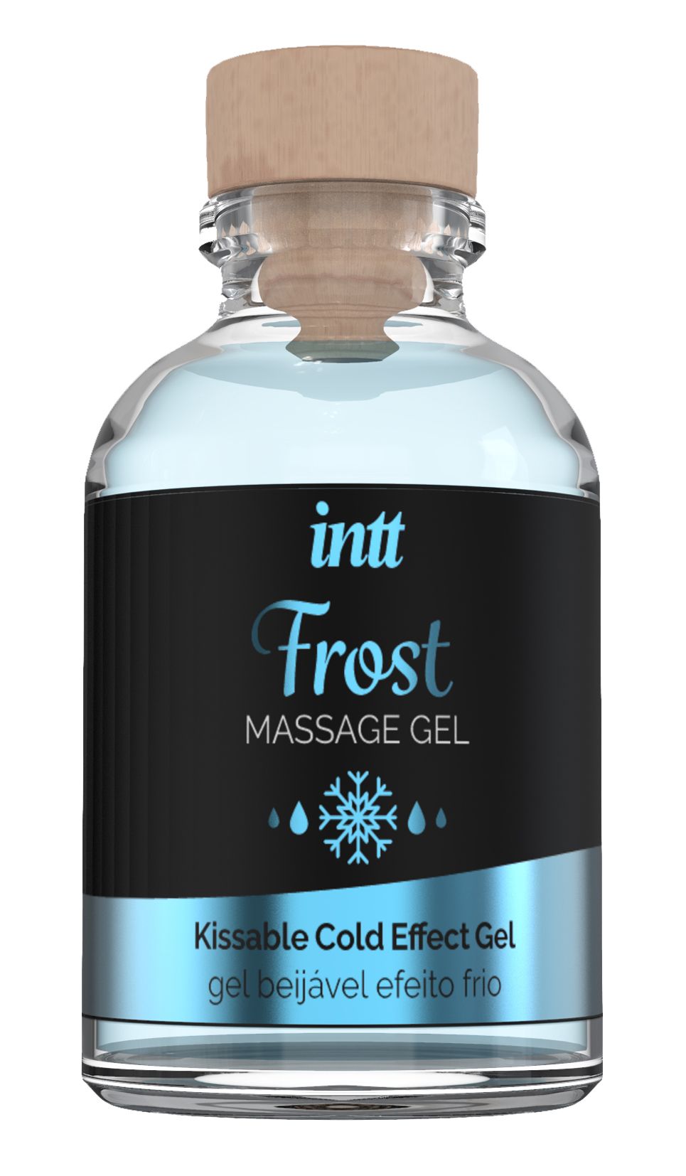 Fles Intt Frost massagegel met kurken dop. Verkoelend effect.