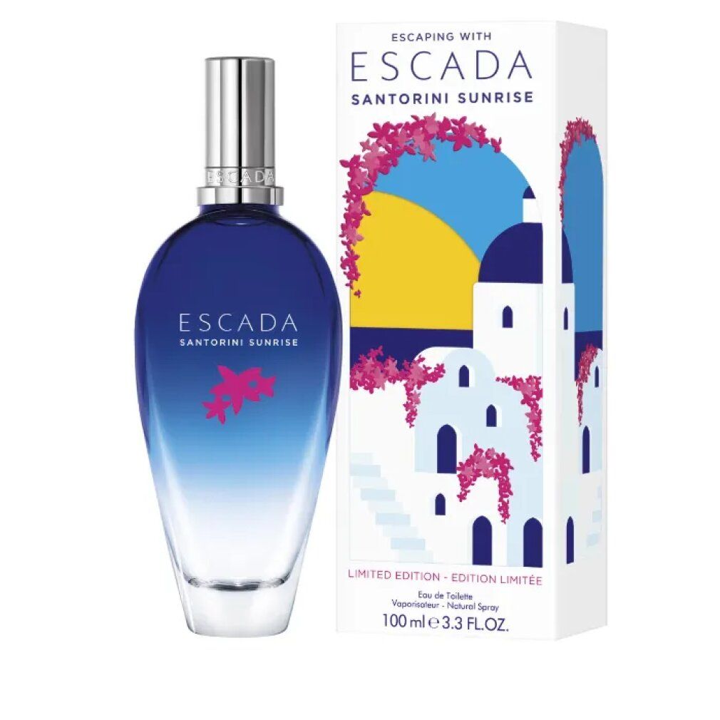 Fles en verpakking ESCADA SANTORINI SUNRISE. Opschrift: LIMITED EDITION, 100 ml.
