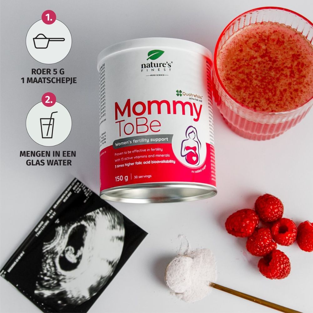 Instructies: 5g poeder in 1 maatlepel, mengen in een glas water. Blik, frambozen, glas vloeistof, echo.