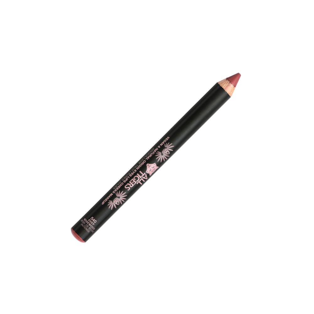 Zwarte cosmetische potlood met roze punt. Opschrift: ALL TIGERS. Product voor ogen, wangen en lippen.