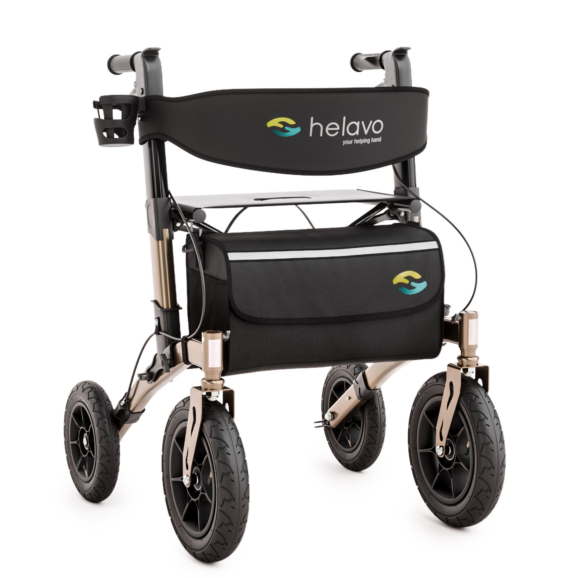 Rollator pliable avec siège, dossier, sac et porte-gobelet. Pneus gonflables et cadre doré.