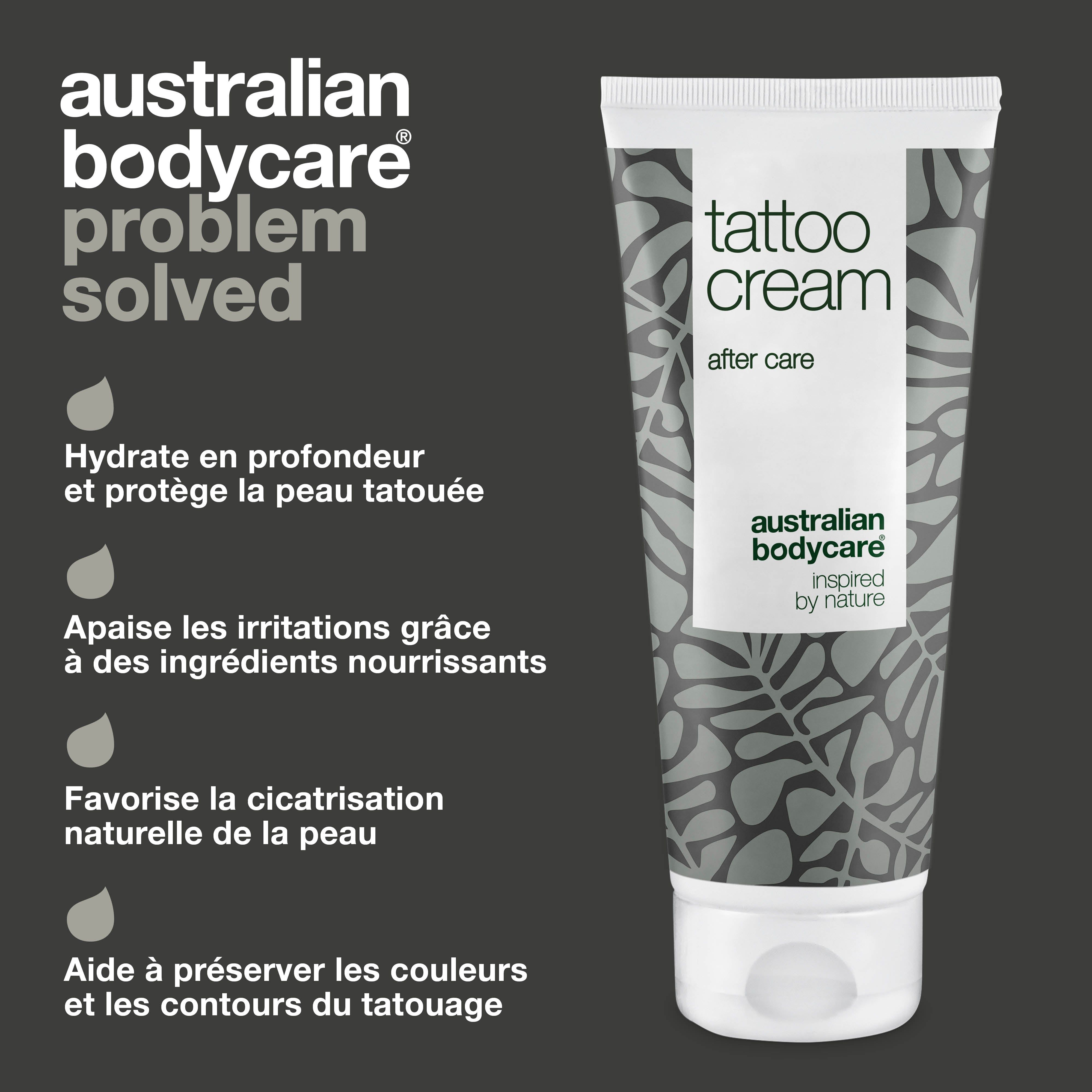 Tube Tattoo Cream, fond gris. Texte : Hydrate en profondeur, apaise les irritations, favorise la cicatrisation, préserve les couleurs.
