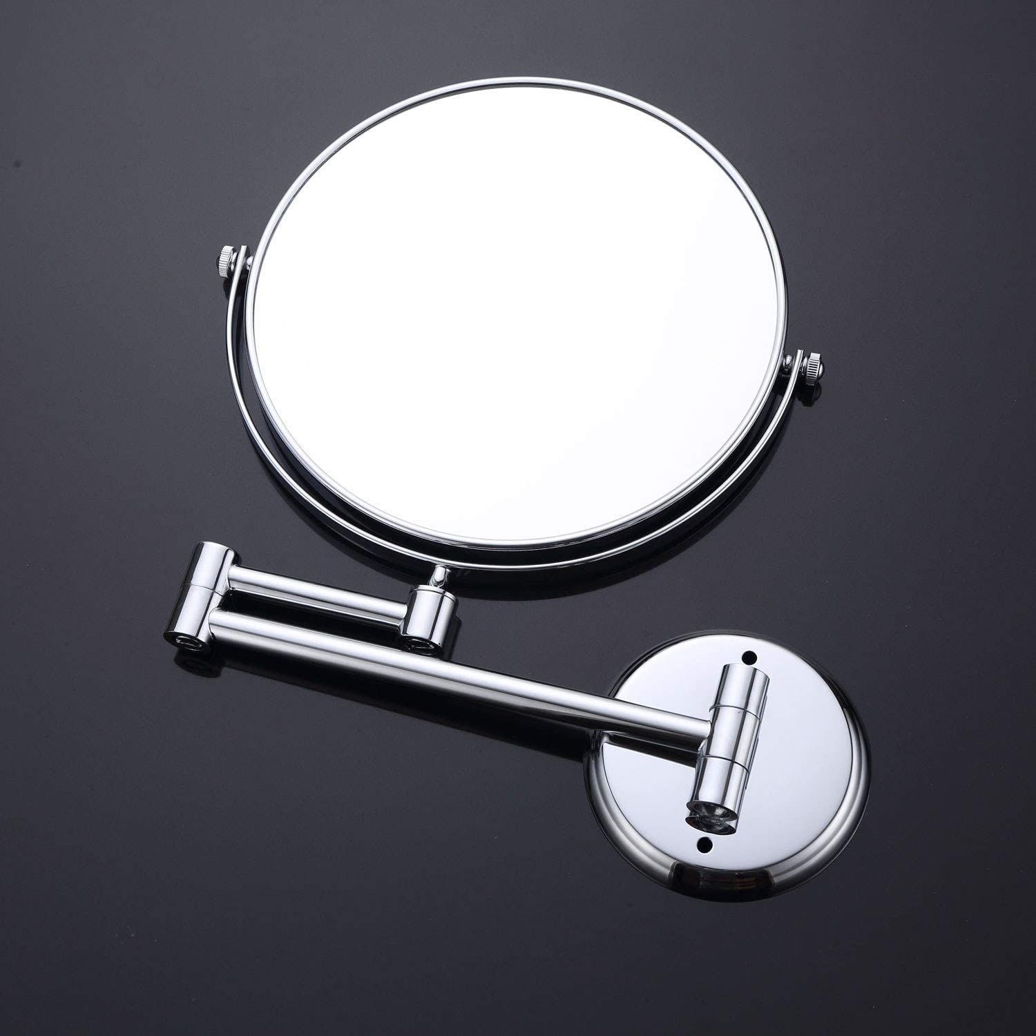 Miroir cosmétique rond chromé avec bras extensible, fixation murale.