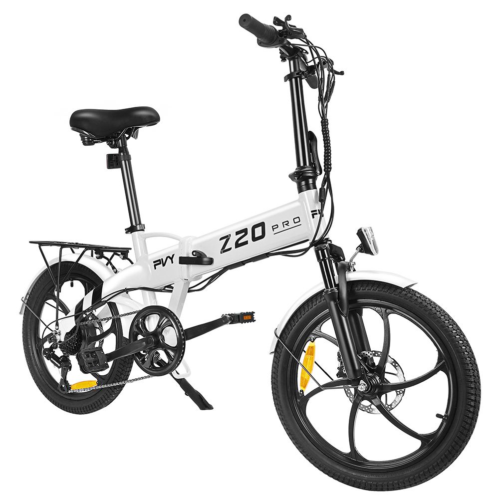 Witte, opvouwbare elektrische fiets. Zwarte banden, zadel en stuur. Achterdrager. Z20 Pro-opschrift.