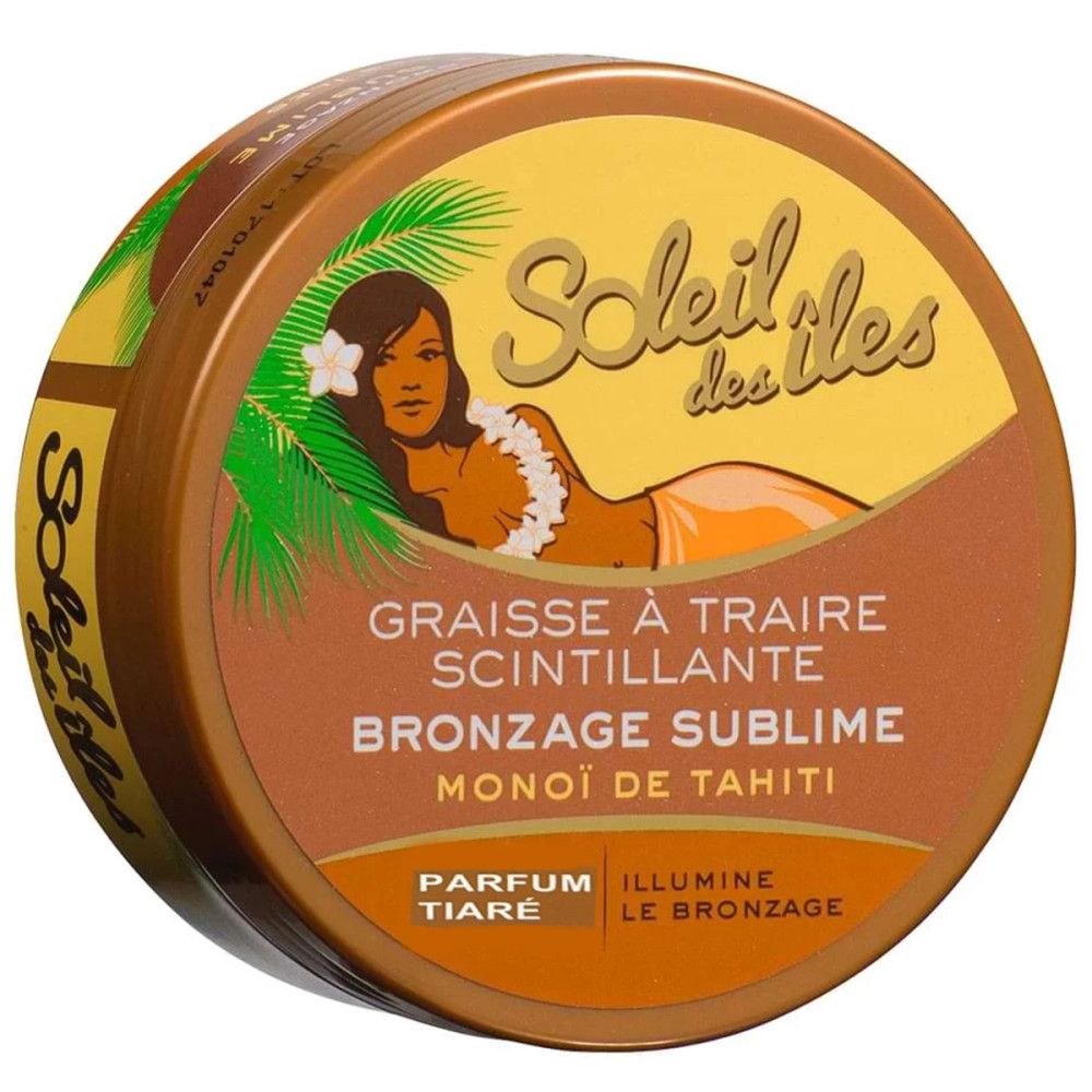 Boîte ronde. Soleil des Îles, femme avec fleur. Inscriptions: Graisse à Traire, Bronzage Sublime, Parfum Tiaré. Couleur dorée.
