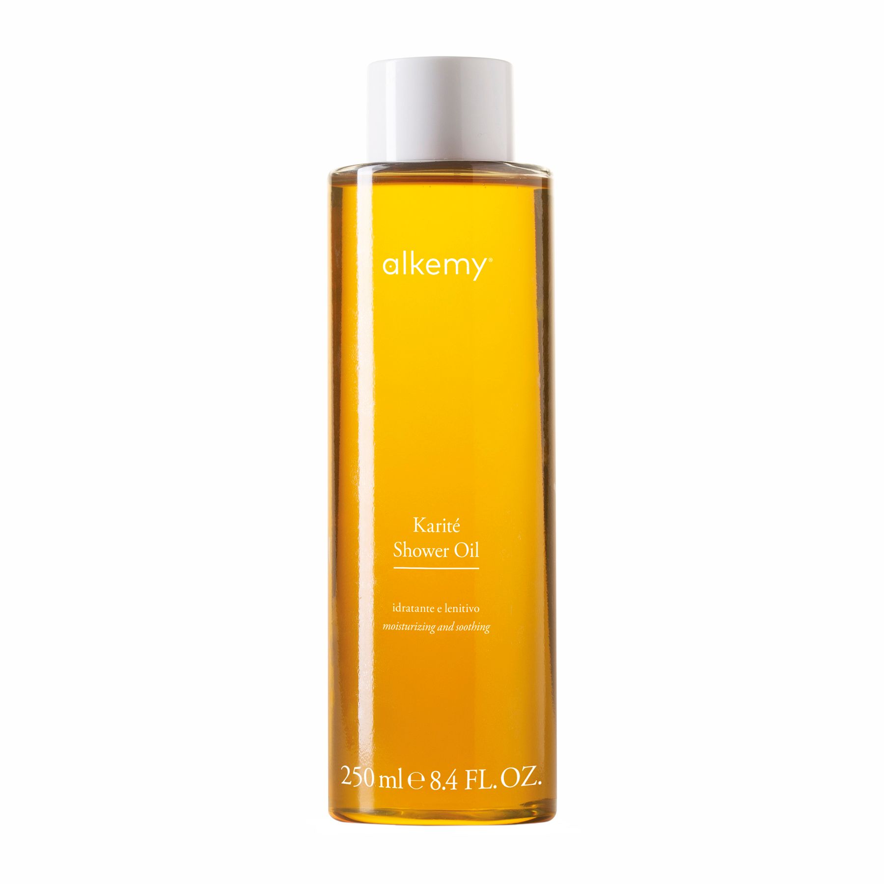 Une bouteille d'huile de douche Alkemy Karité, 250ml.