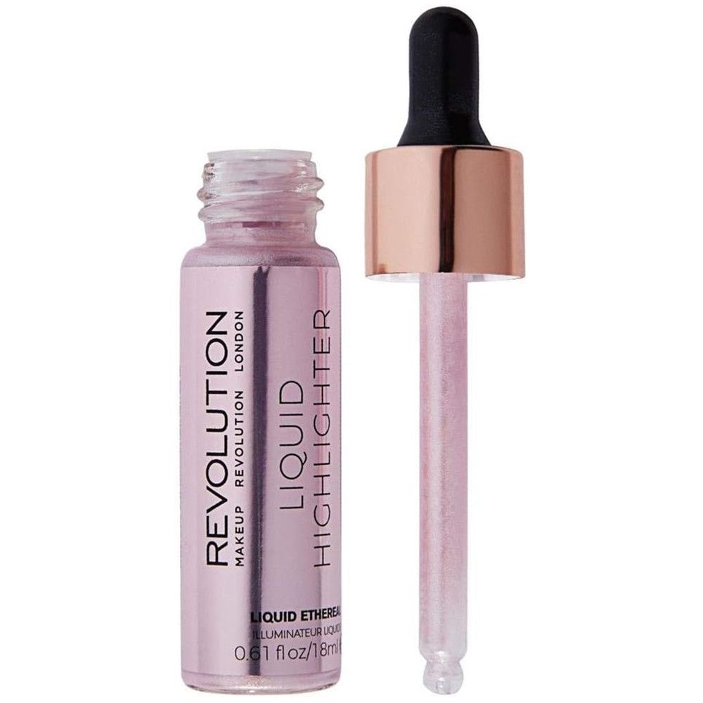 Vloeibare highlighter in roze fles met pipet. Opschrift: Makeup Revolution London, Liquid Highlighter, 0.61 fl oz/18ml.