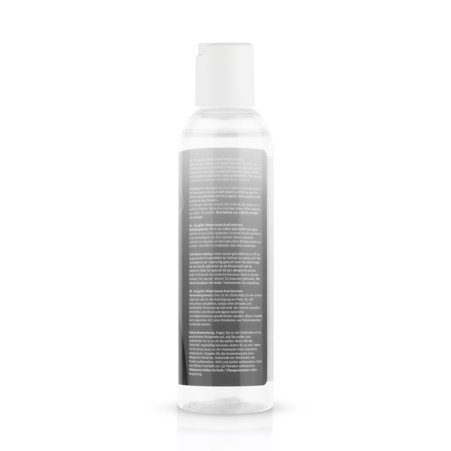 Flacon transparent avec bouchon blanc. Dos avec texte et code-barres.
