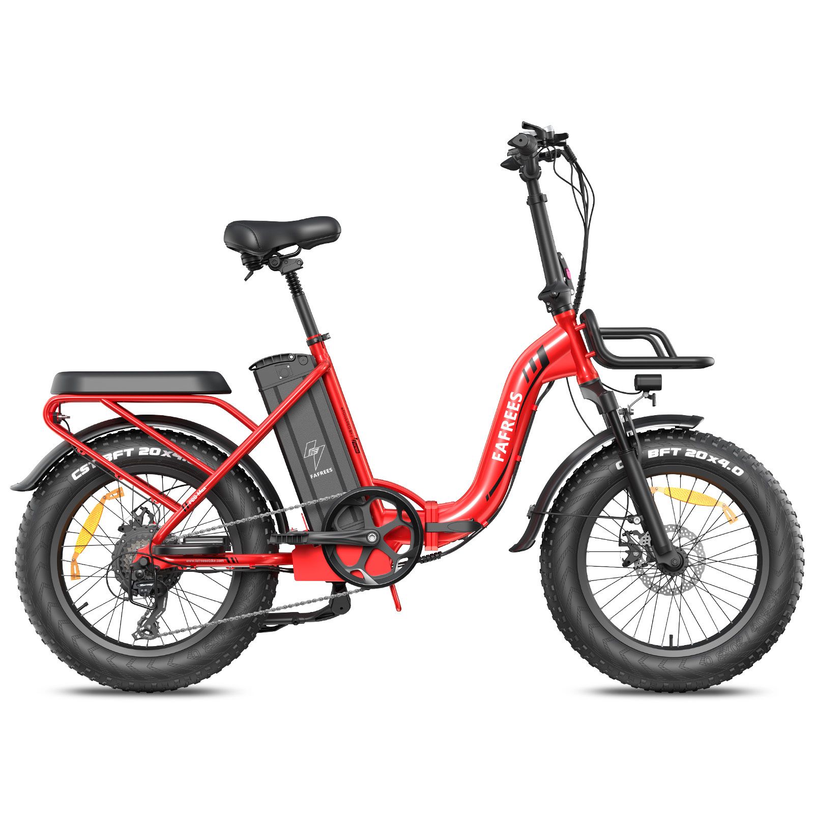 Rode opvouwbare e-bike met zwarte mand, banden en zadel. FAFREES-logo zichtbaar. Met accu en LCD-scherm.
